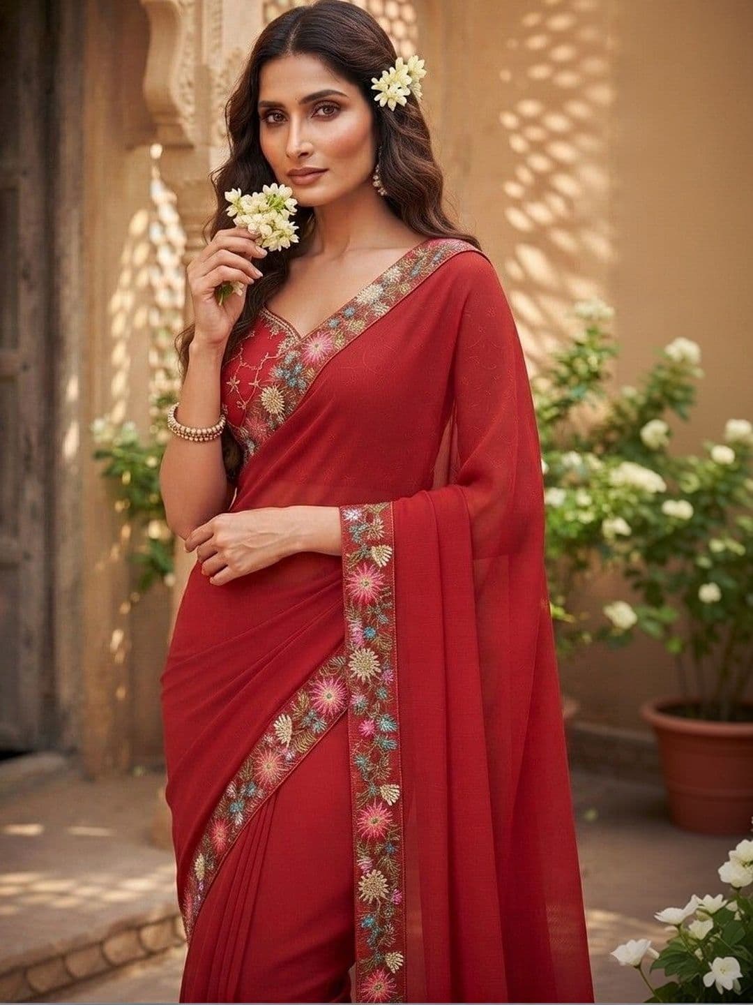 SmileyFashion Floral Embroidered Art Silk Saree thumbnail 2