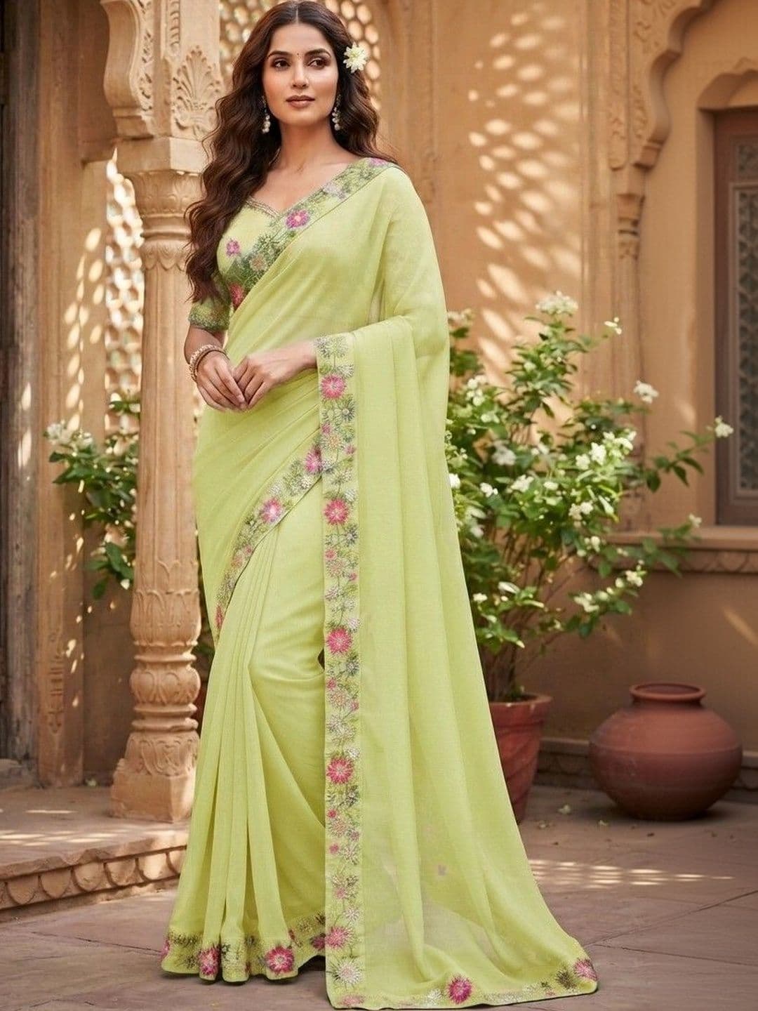 SmileyFashion Floral Embroidered Art Silk Saree - view 1