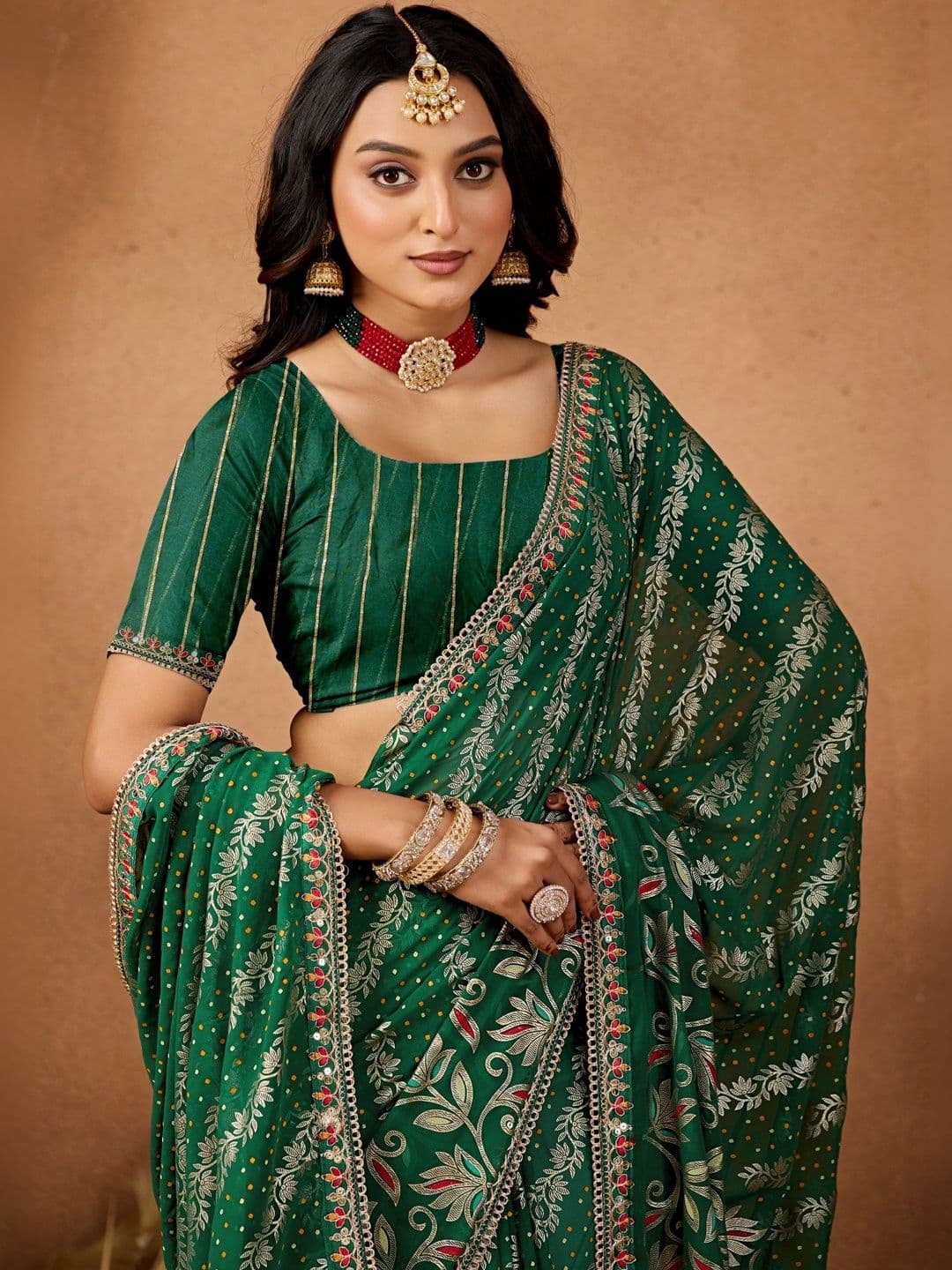 Mitera Floral Embroidered Poly Georgette Designer Bandhani Saree thumbnail 2
