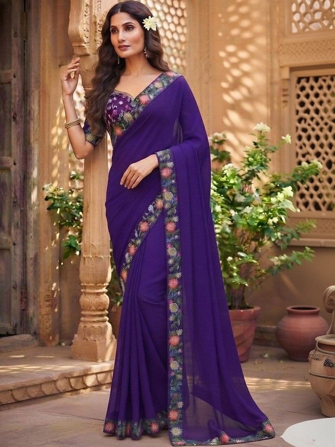 SmileyFashion Floral Embroidered Art Silk Saree - view 1