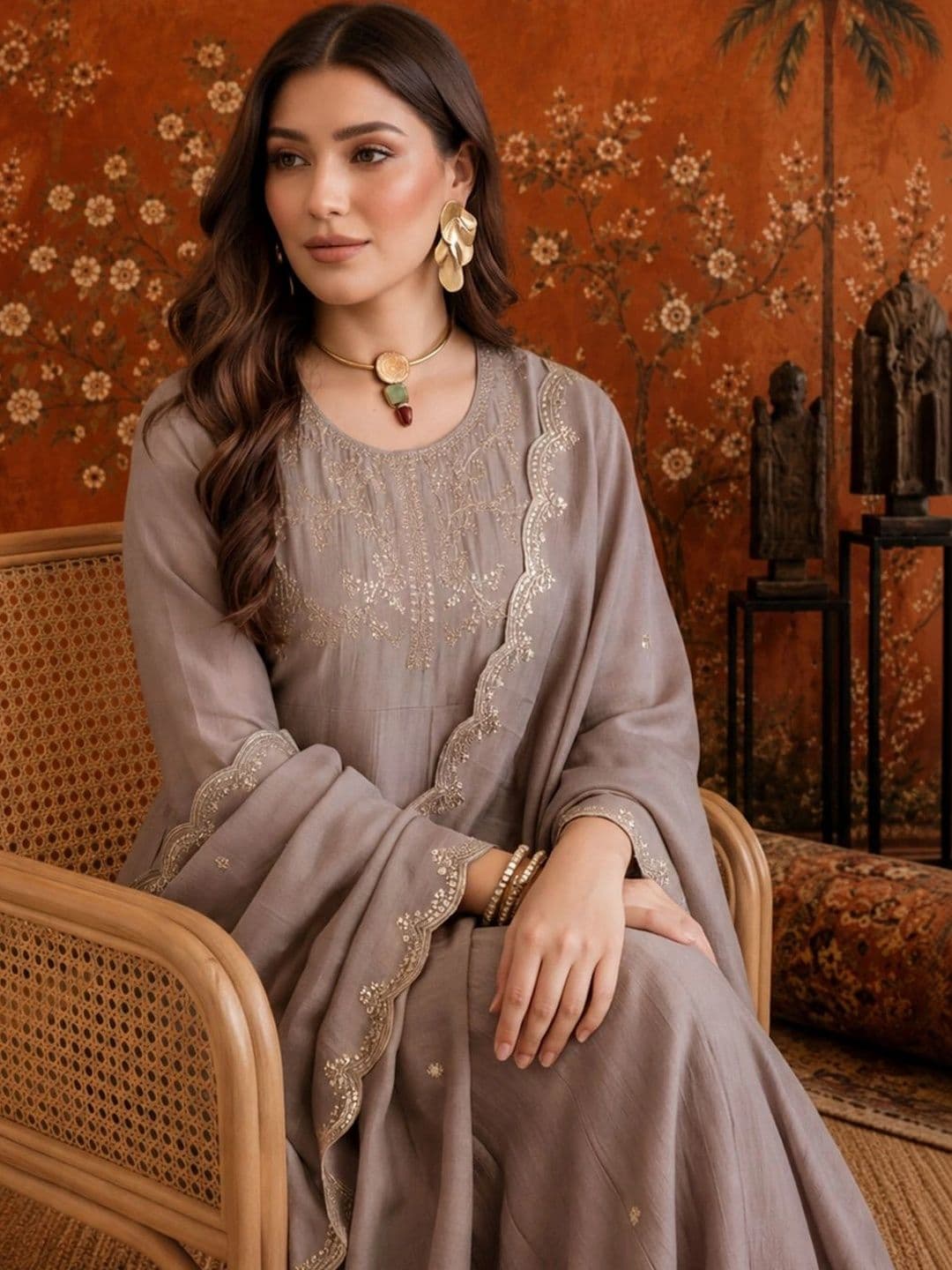 Sangria Women Ethnic Motifs Embroidered Regular Thread Work Kurta with Trousers & With Dupatta thumbnail 6