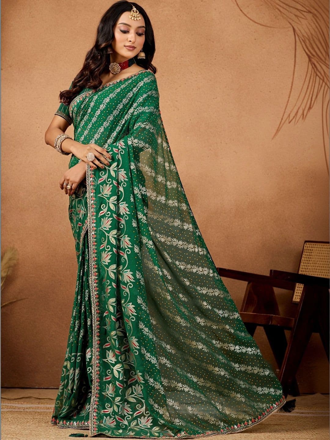 KALINI Floral Embroidered Poly Georgette Designer Bandhani Saree thumbnail 3