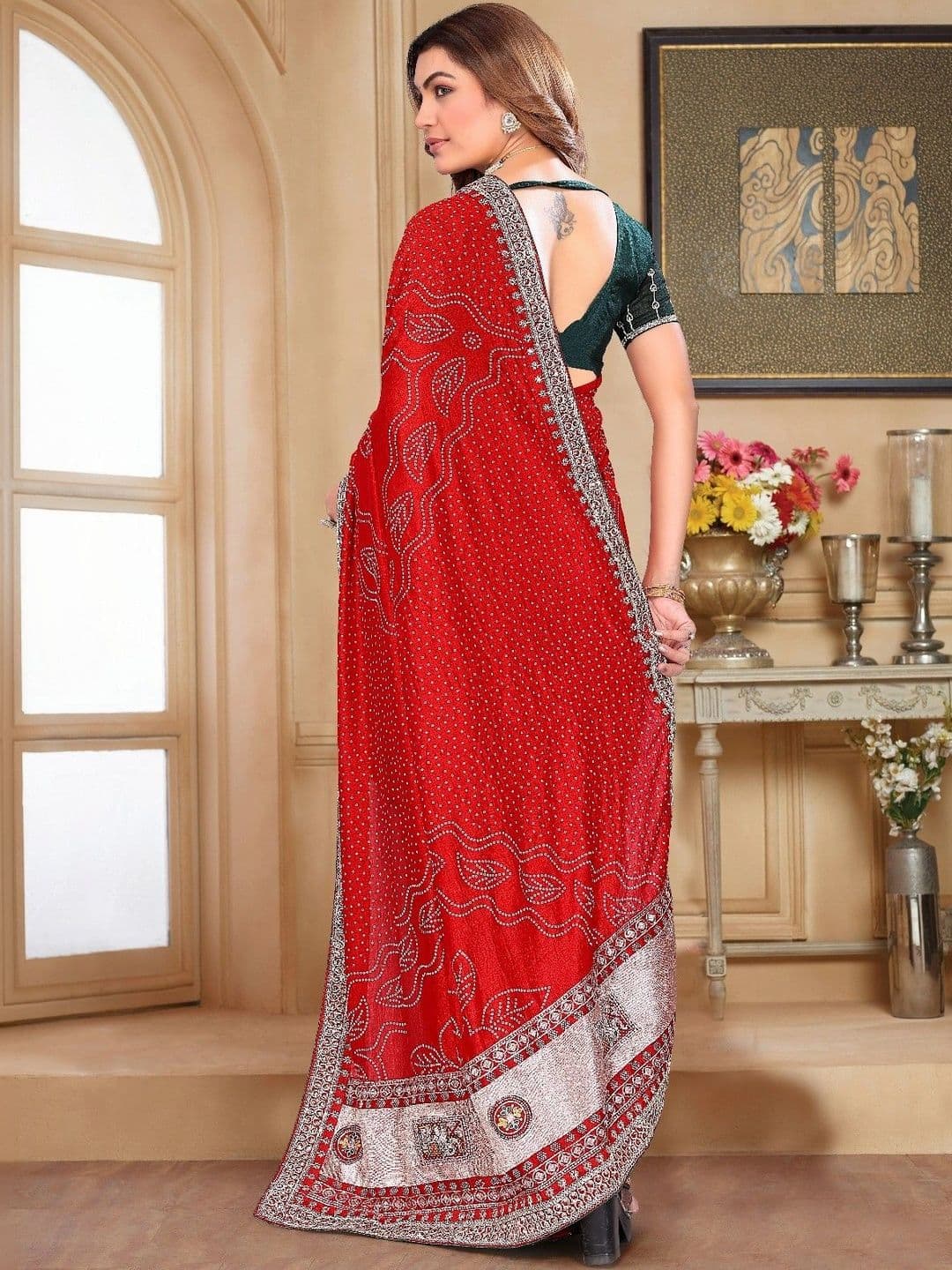 SmileyFashion Bandhani Embroidered Art Silk Designer Saree thumbnail 4