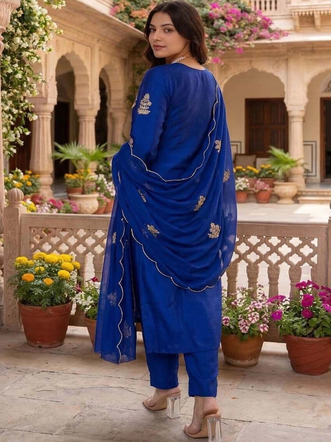KALINI Women Ethnic Motifs Embroidered Regular Chanderi Silk Kurta with Trousers & Dupatta thumbnail 3