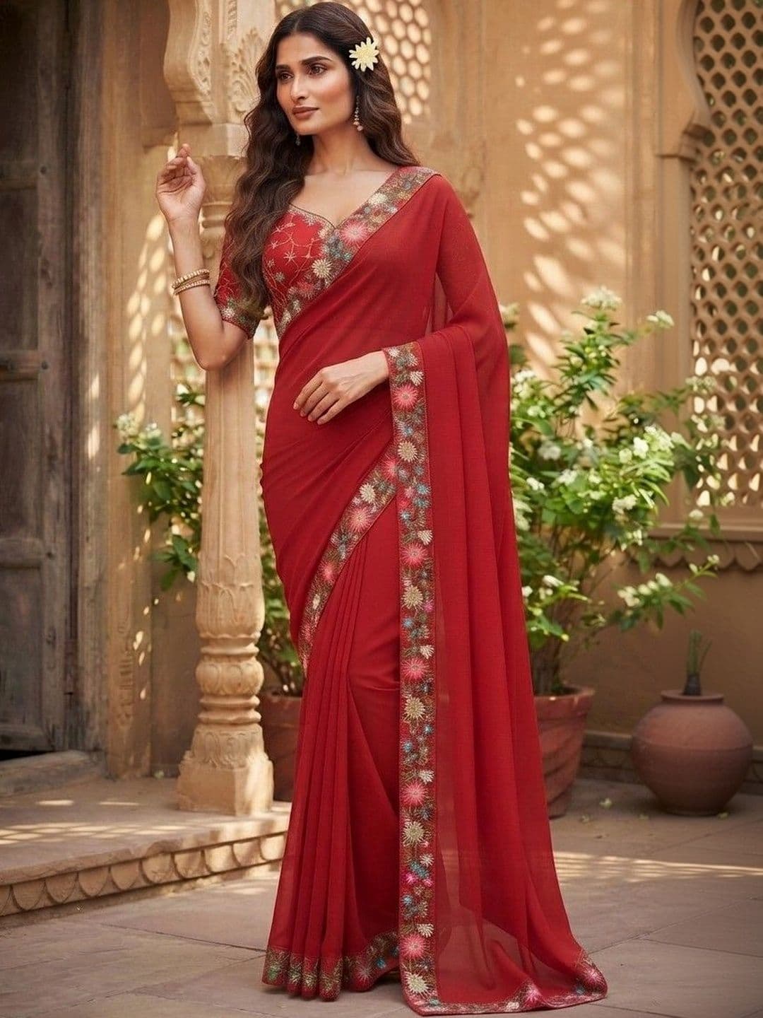 SmileyFashion Floral Art Silk Saree - view 1