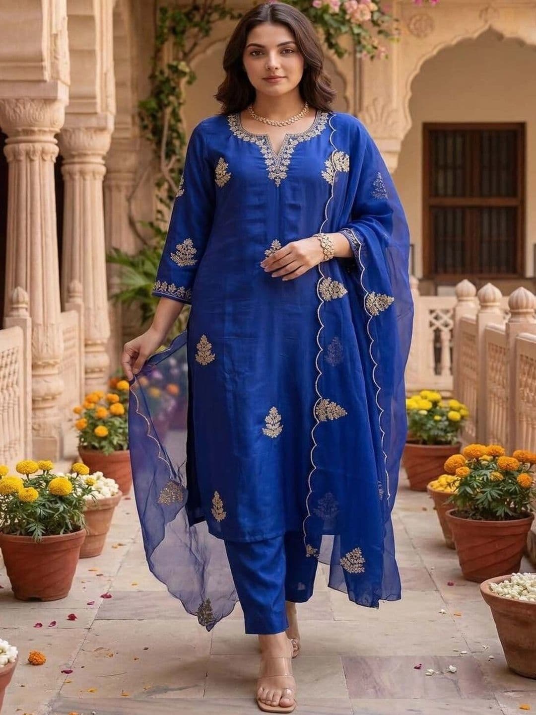 KALINI Women Ethnic Motifs Embroidered Regular Chanderi Silk Kurta with Trousers & Dupatta thumbnail 5