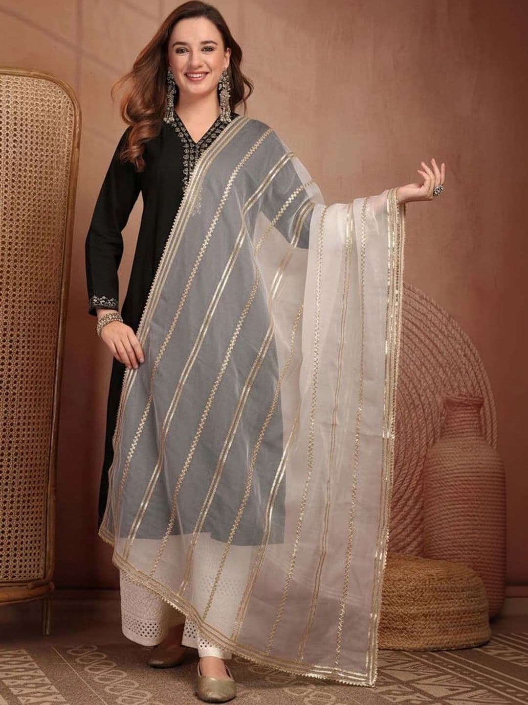 Clora Creation Striped Organza Dupatta - view 1