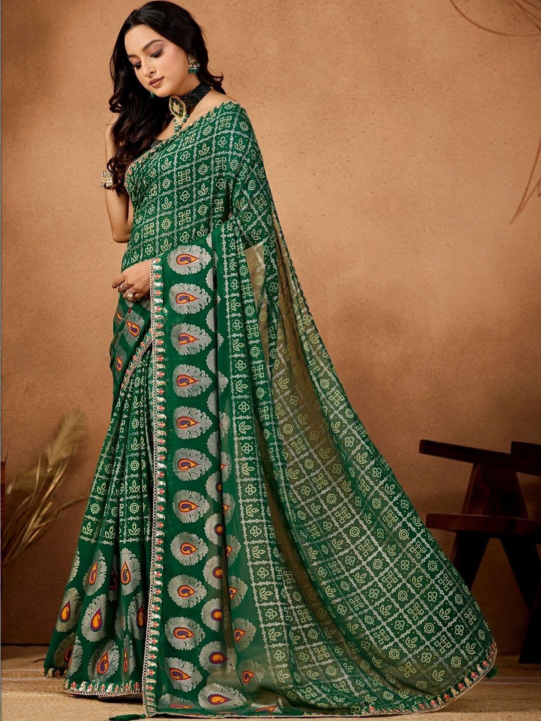 all about you Batik Zari Poly Georgette Designer Bandhani Saree thumbnail 3