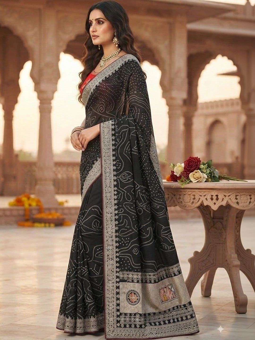 SmileyFashion Bandhani Embroidered Art Silk Designer Saree thumbnail 3