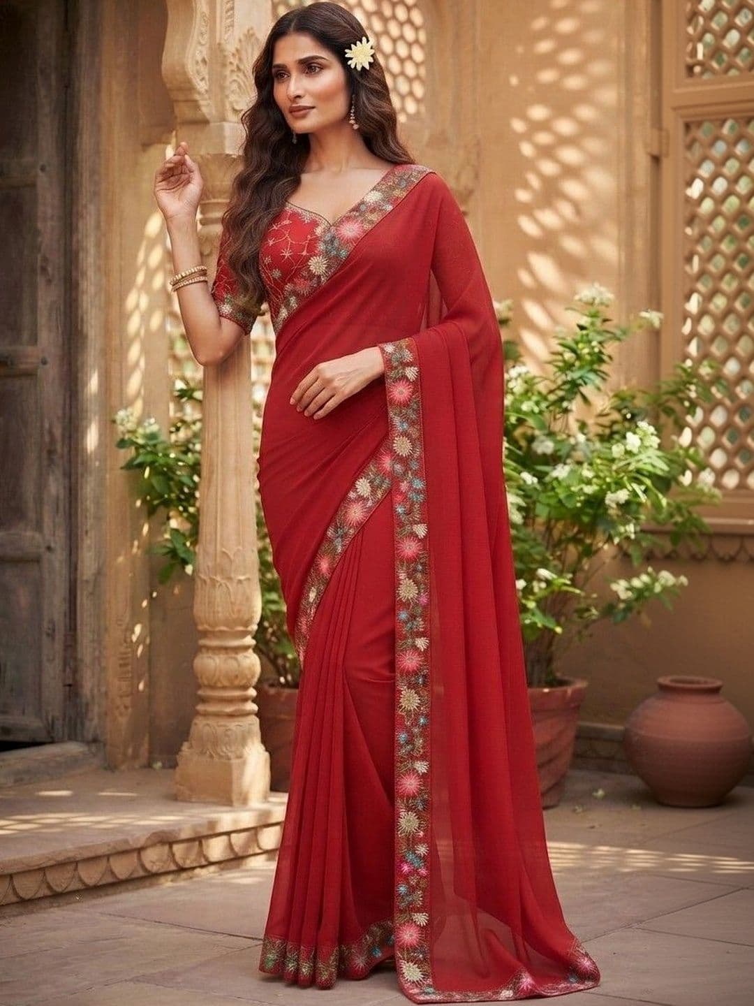 SmileyFashion Floral Art Silk Saree - view 1