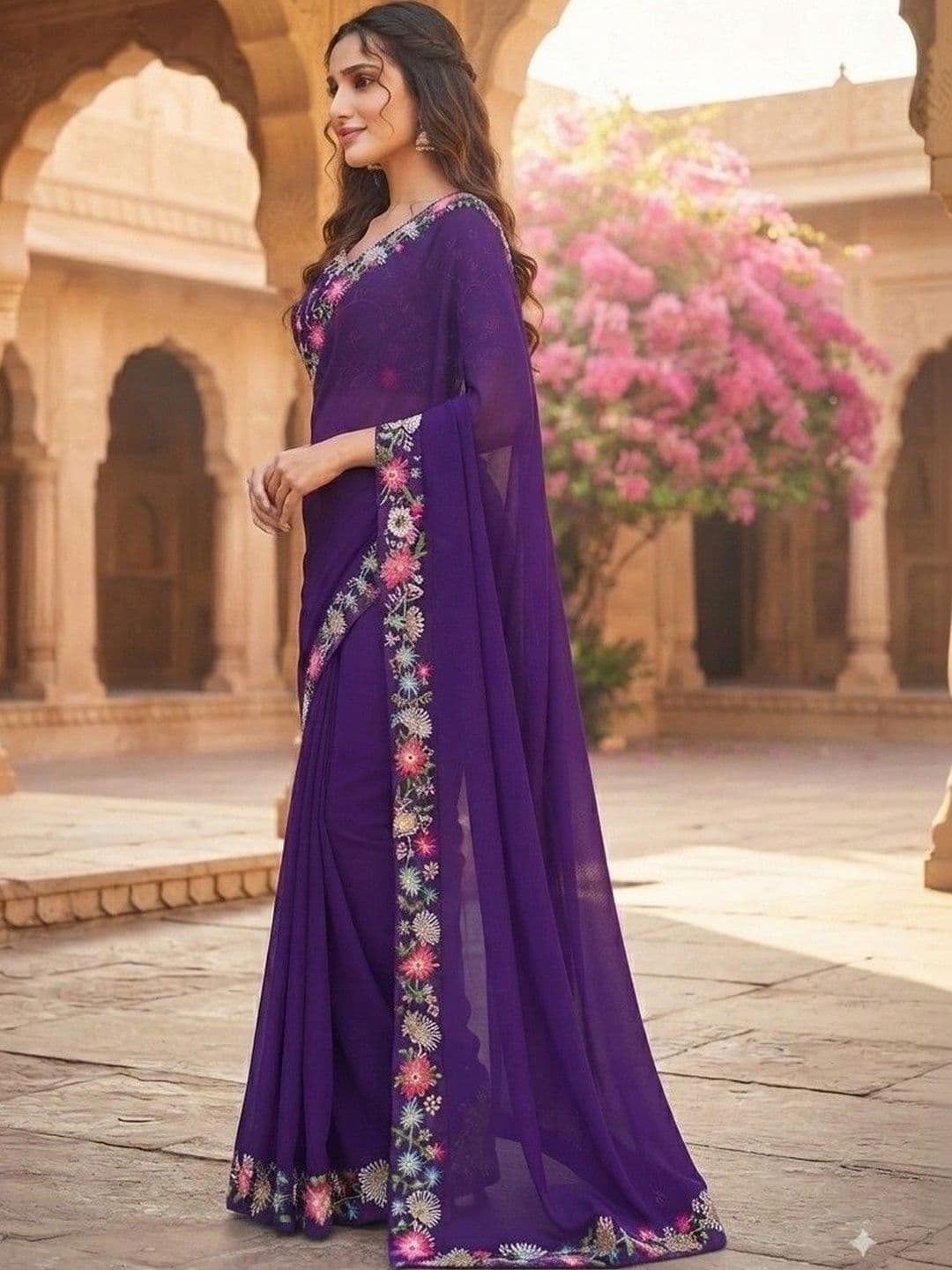SmileyFashion Floral Art Silk Saree thumbnail 4