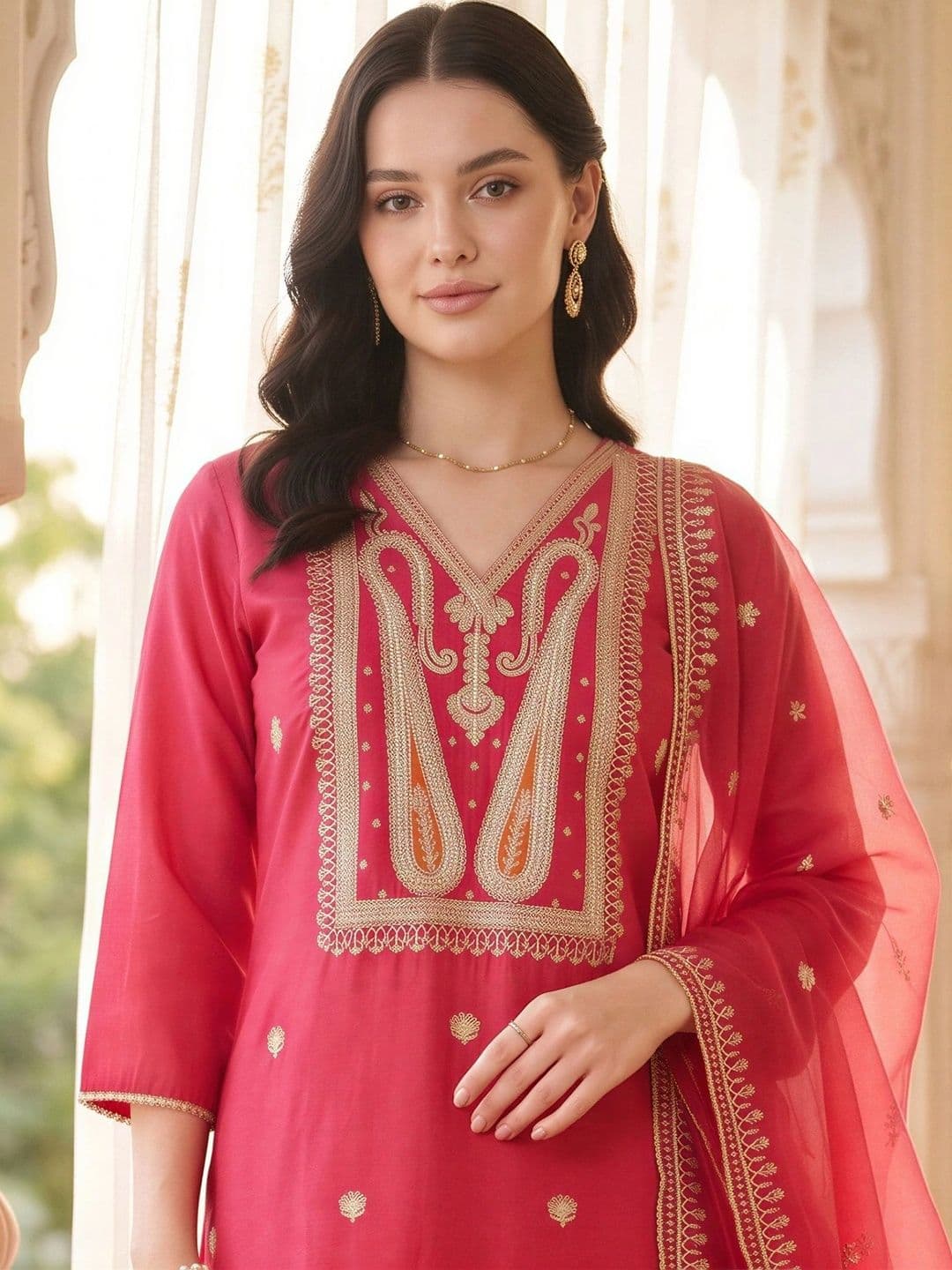 Indo Era Women Ethnic Motifs Embroidered Regular Liva Kurta with Trousers & With Dupatta thumbnail 5