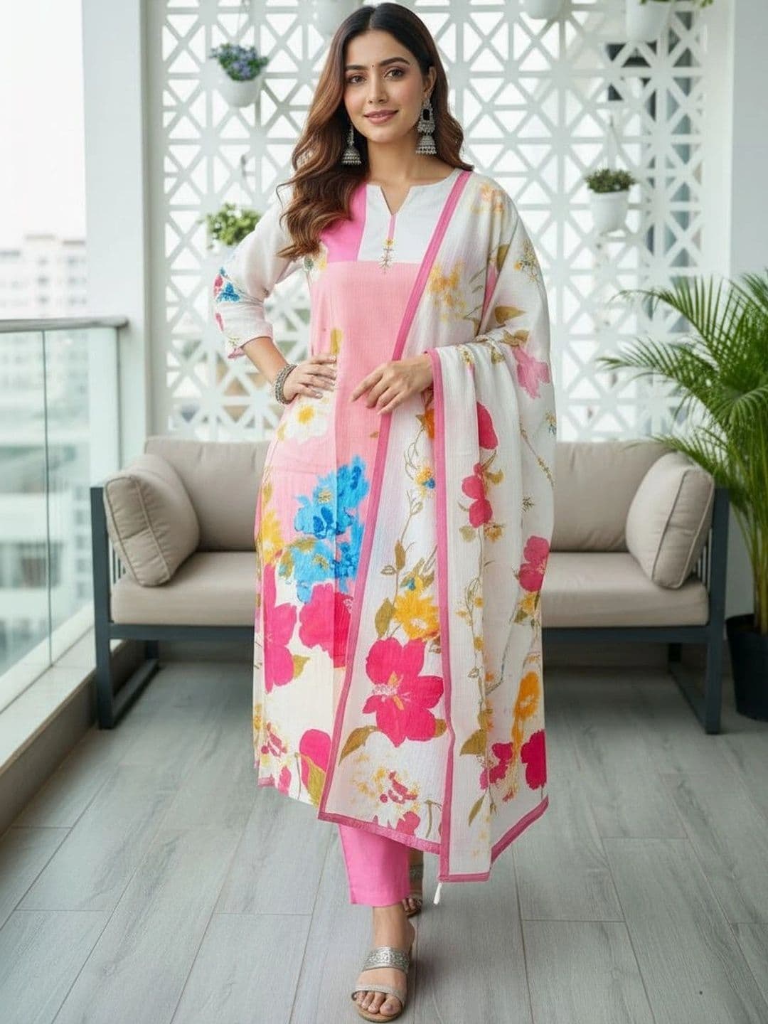 Anouk Women Floral Printed Regular Pure Cotton Kurta with Trousers & With Dupatta thumbnail 2