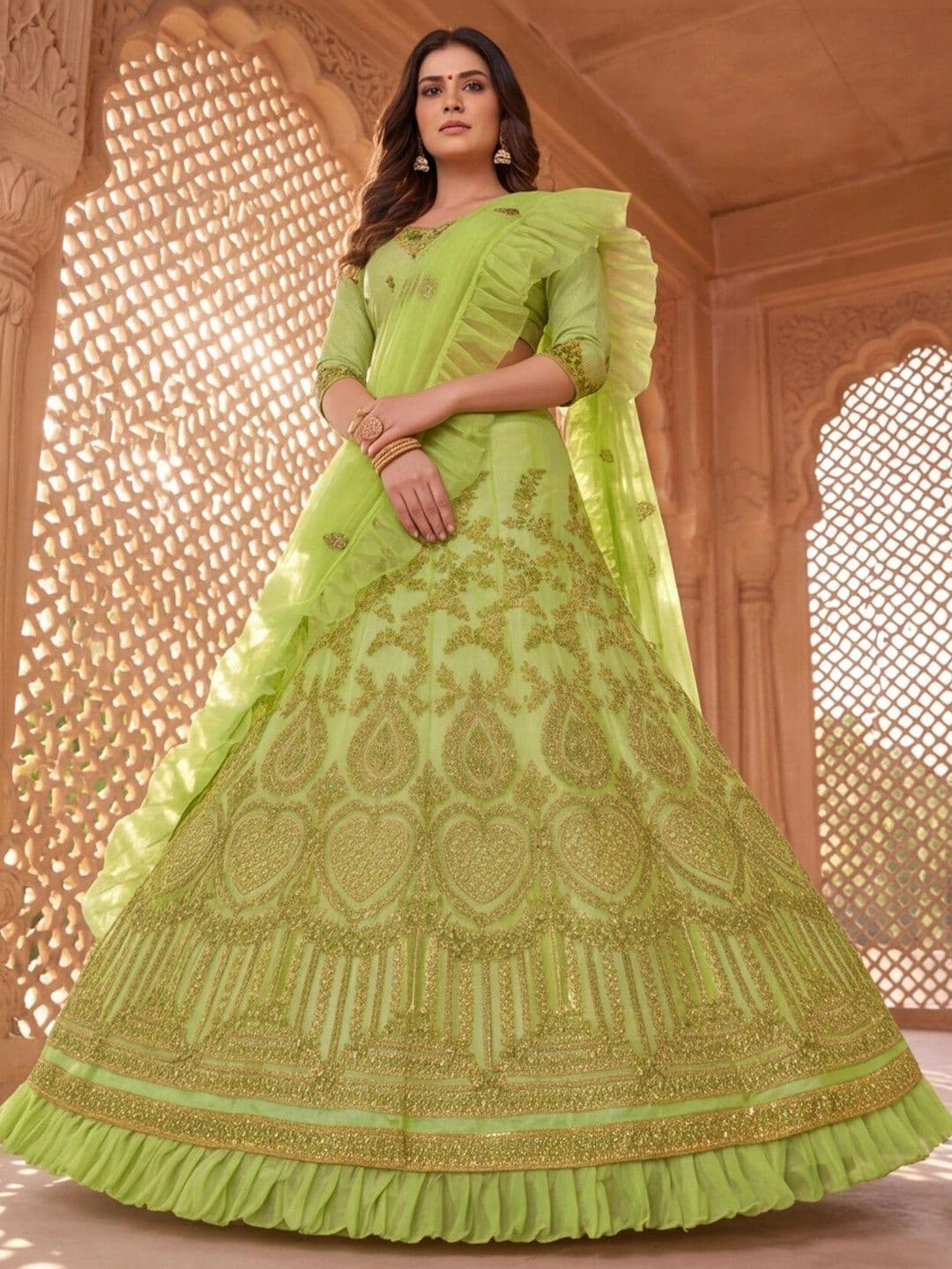 Mitera Embroidered Thread Work Semi-Stitched Lehenga & Unstitched Blouse With Dupatta thumbnail 2