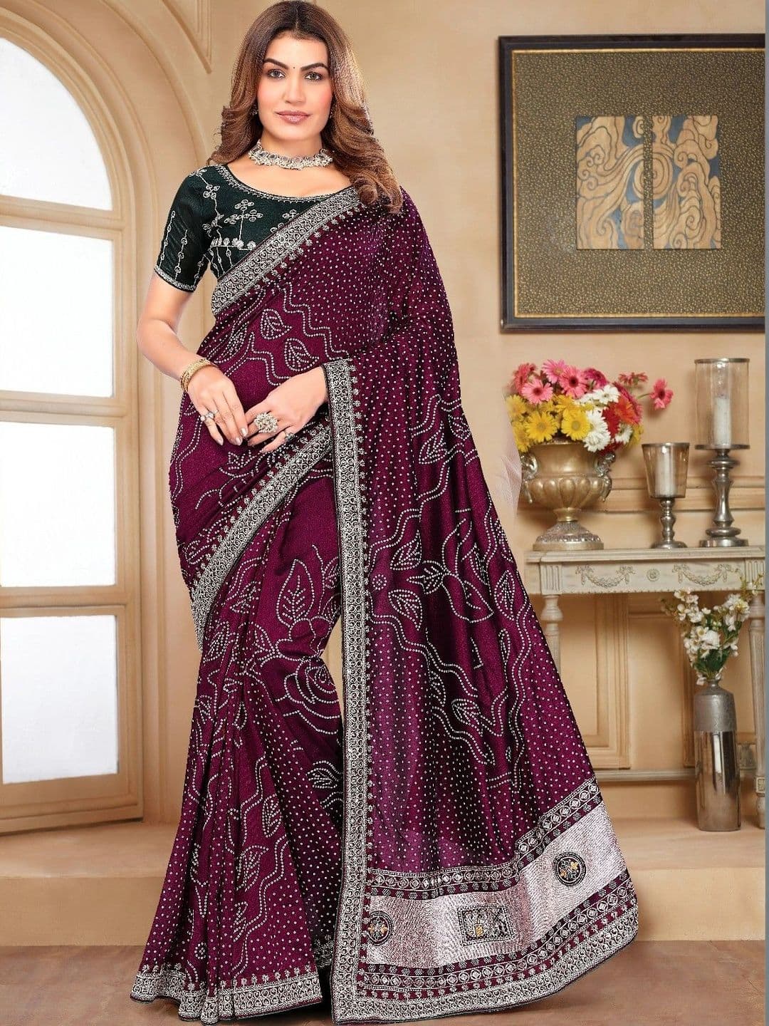 SmileyFashion Bandhani Embroidered Art Silk Designer Saree - view 1