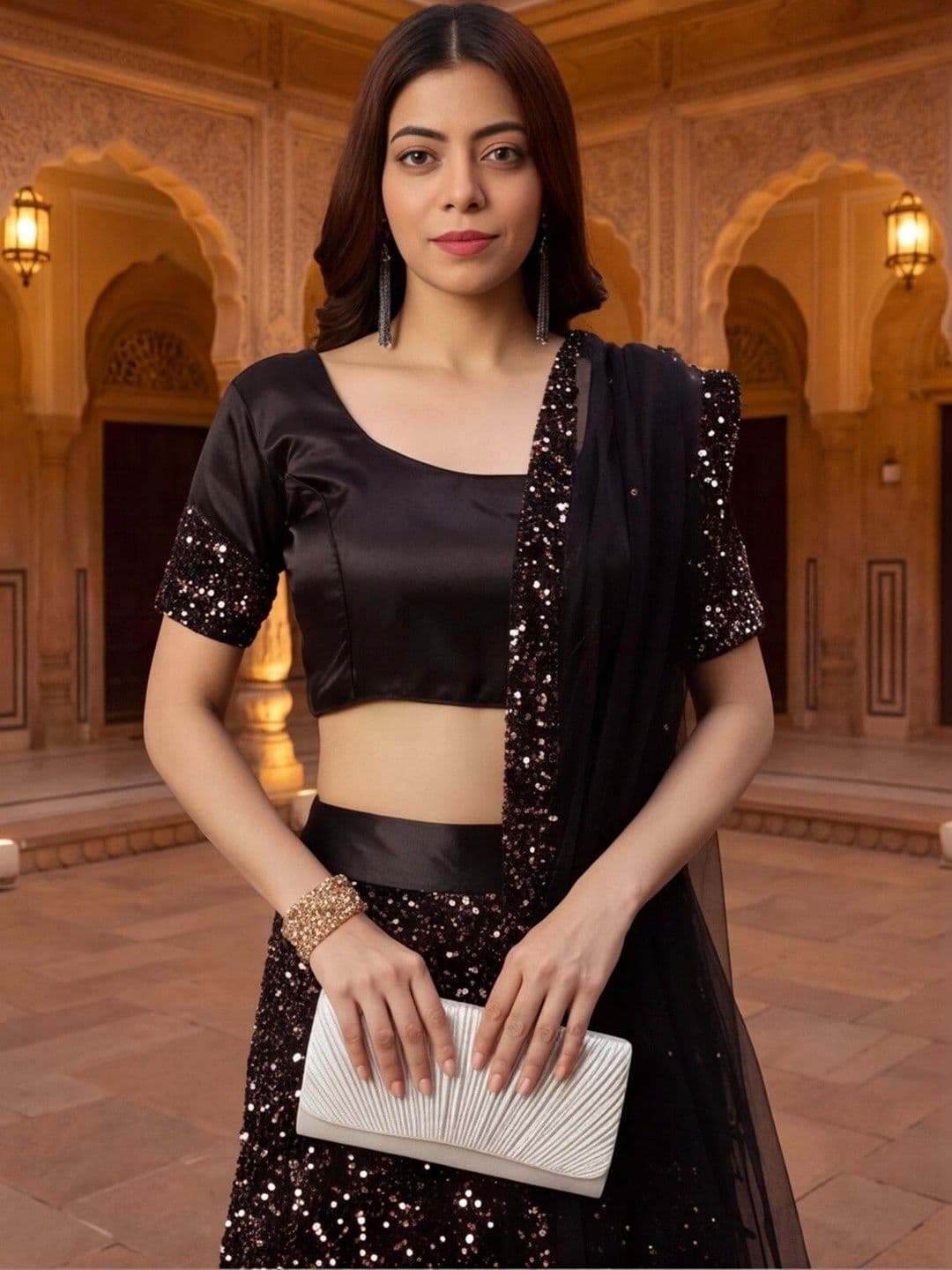 Mitera Sequinned Semi-Stitched Lehenga & Unstitched Blouse With Dupatta thumbnail 2