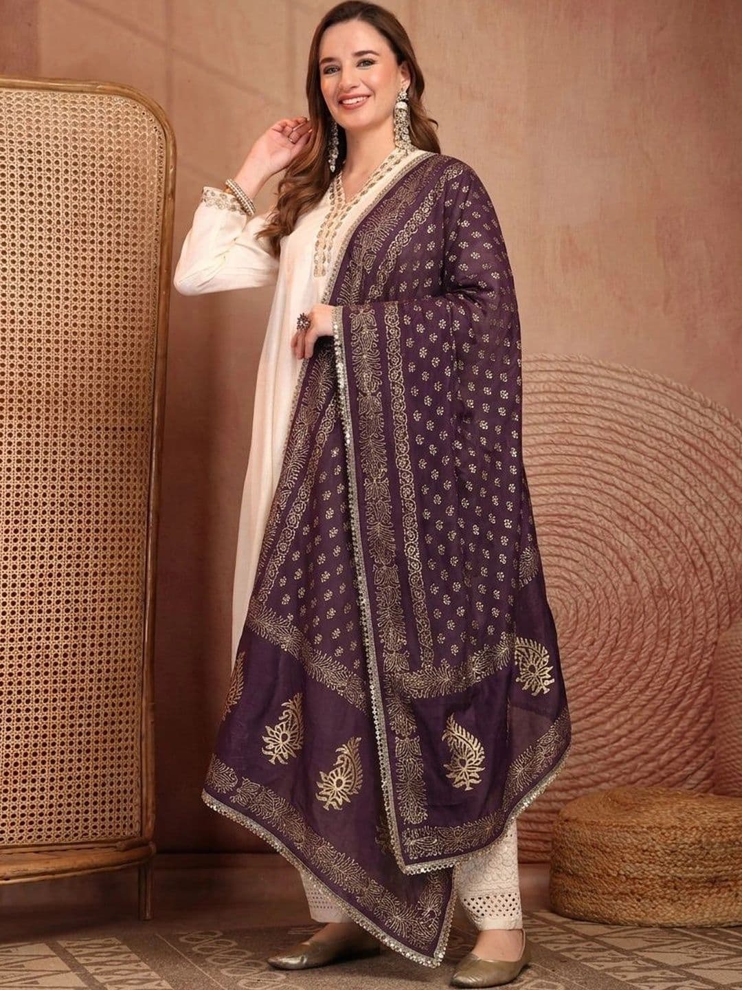 Clora Creation Ethnic Motifs Printed Foil Print Dupatta with Mirror Work thumbnail 4