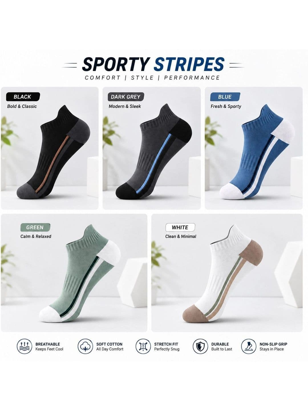 MERCEHIVE Men Pack of 5 Cotton Assorted Striped Ankle Length Socks thumbnail 5
