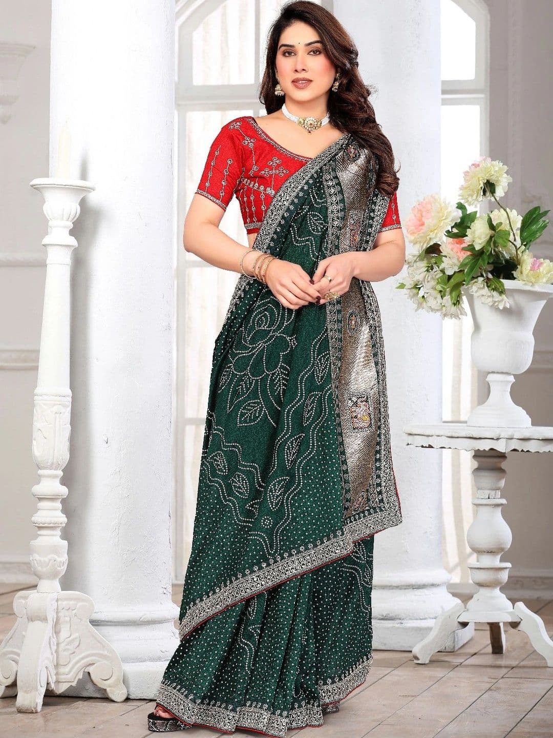 SmileyFashion Bandhani Embroidered Art Silk Designer Saree thumbnail 4