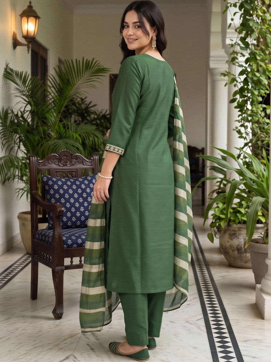 Indo Era Women Ethnic Motifs Embroidered Regular Thread Work Kurta with Trousers & With Dupatta thumbnail 2