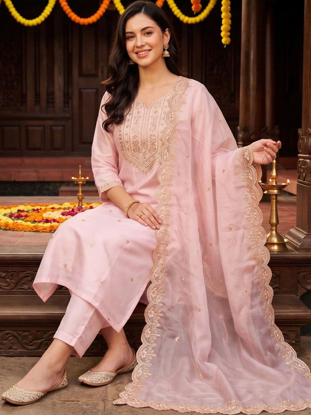 Indo Era Women Ethnic Motifs Embroidered Regular Thread Work Kurta with Trousers & With Dupatta thumbnail 3