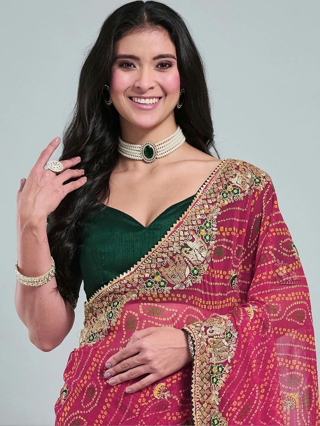 SAMANTHA Women Bandhani Embroidered Poly Georgette Bandhani Saree thumbnail 6