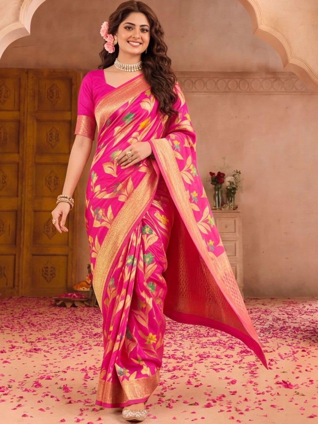 Jaipur Kurti  Women Floral Zari Silk Cotton Fusion Banarasi Saree - view 1