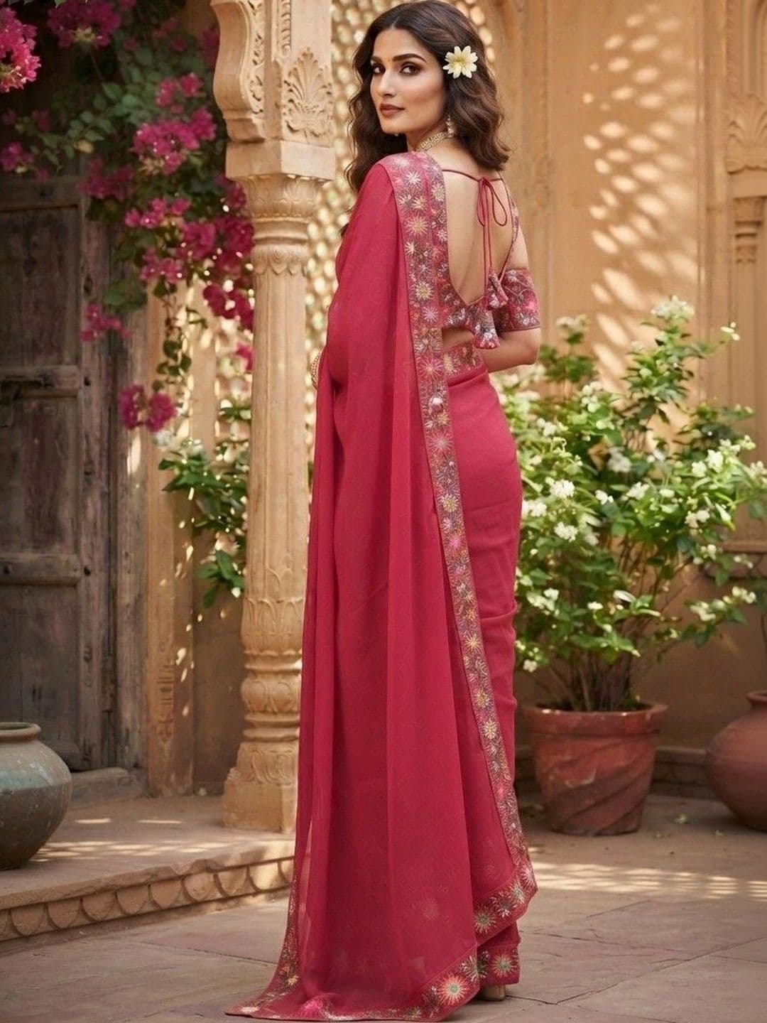 SmileyFashion Floral Embroidered Art Silk Saree thumbnail 2