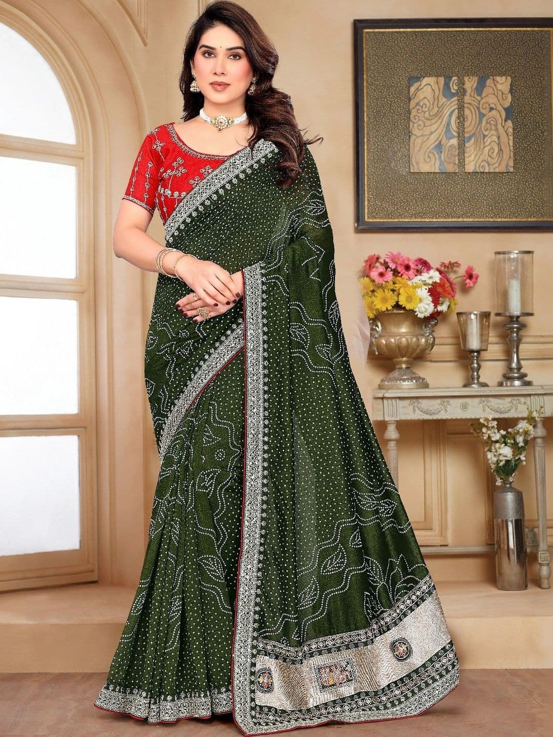 SmileyFashion Bandhani Embroidered Art Silk Designer Saree - view 1