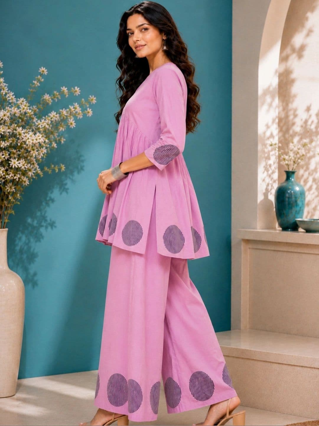 KALINI Women Printed Empire Pure Cotton Kurta with Palazzos thumbnail 3