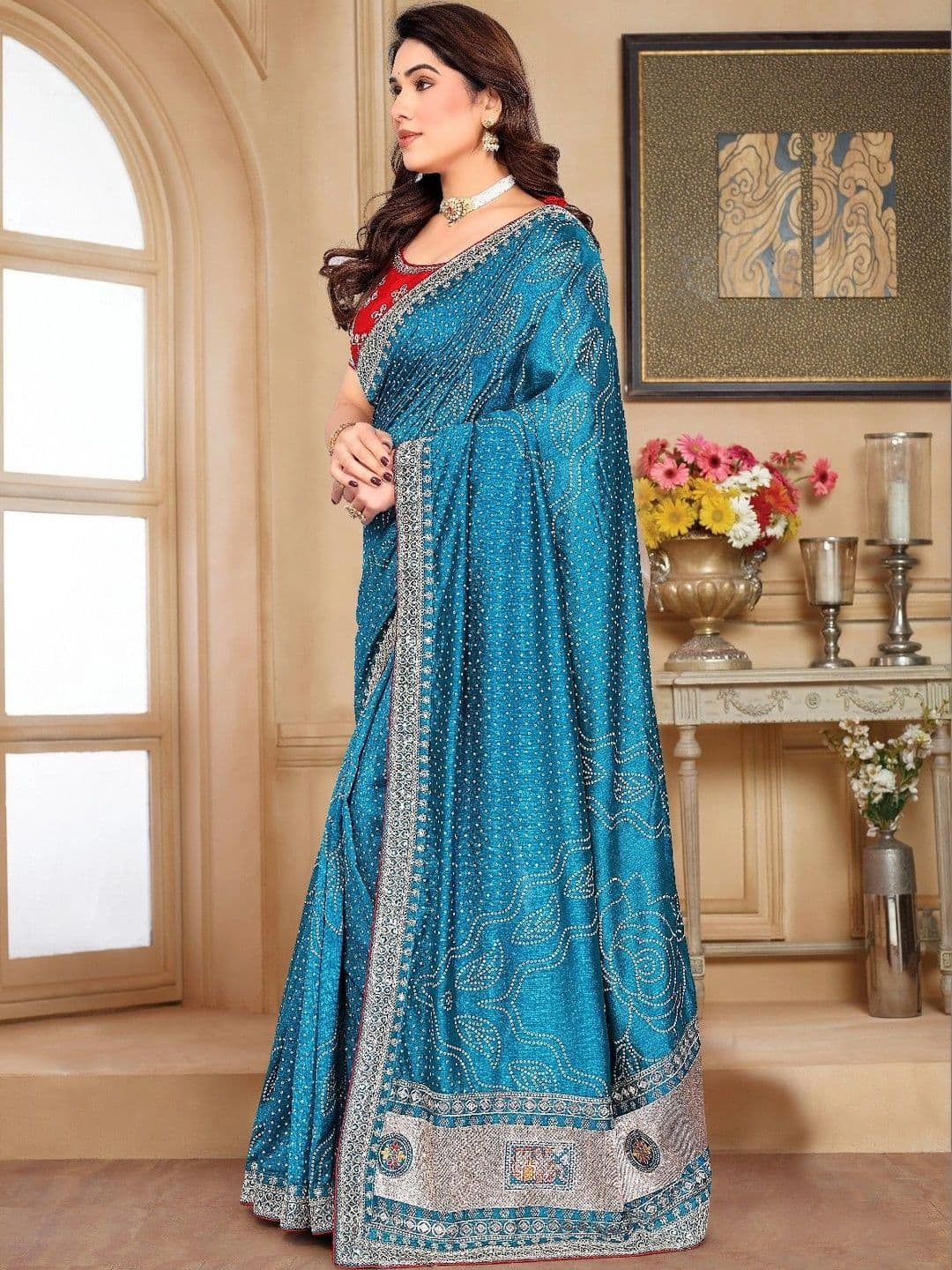 SmileyFashion Bandhani Embroidered Art Silk Designer Saree thumbnail 2