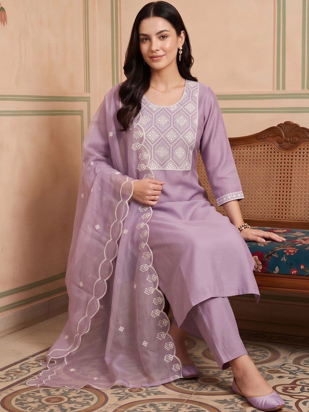 Indo Era Women Regular Thread Work Kurta with Trousers & With Dupatta thumbnail 4