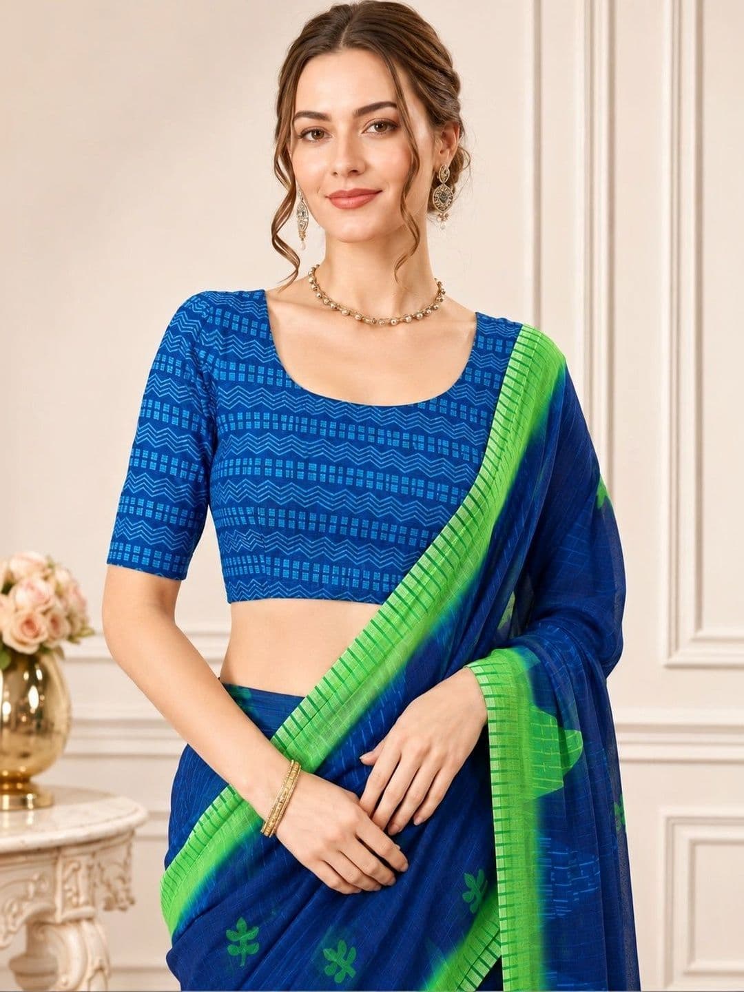 V3 FASHION STUDIO Ethnic Motifs Zari Linen Blend Handloom Block Print Saree thumbnail 2