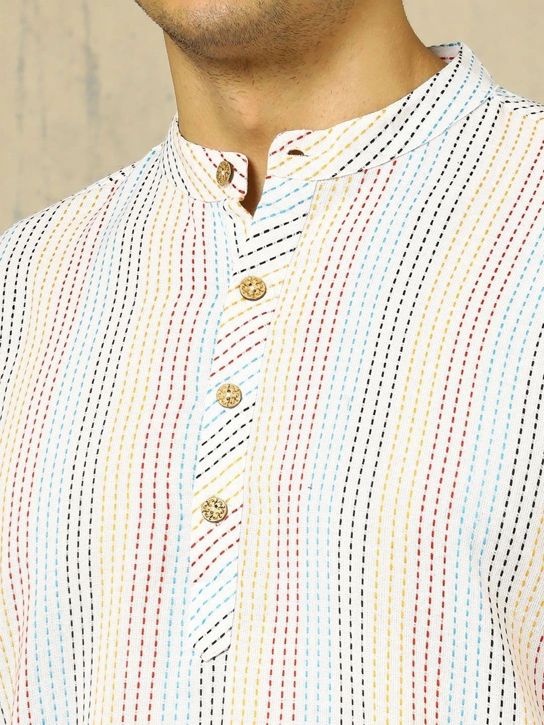 Anouk Woven Design Striped Cotton Handloom Mandarin Collar Short Kurta thumbnail 6