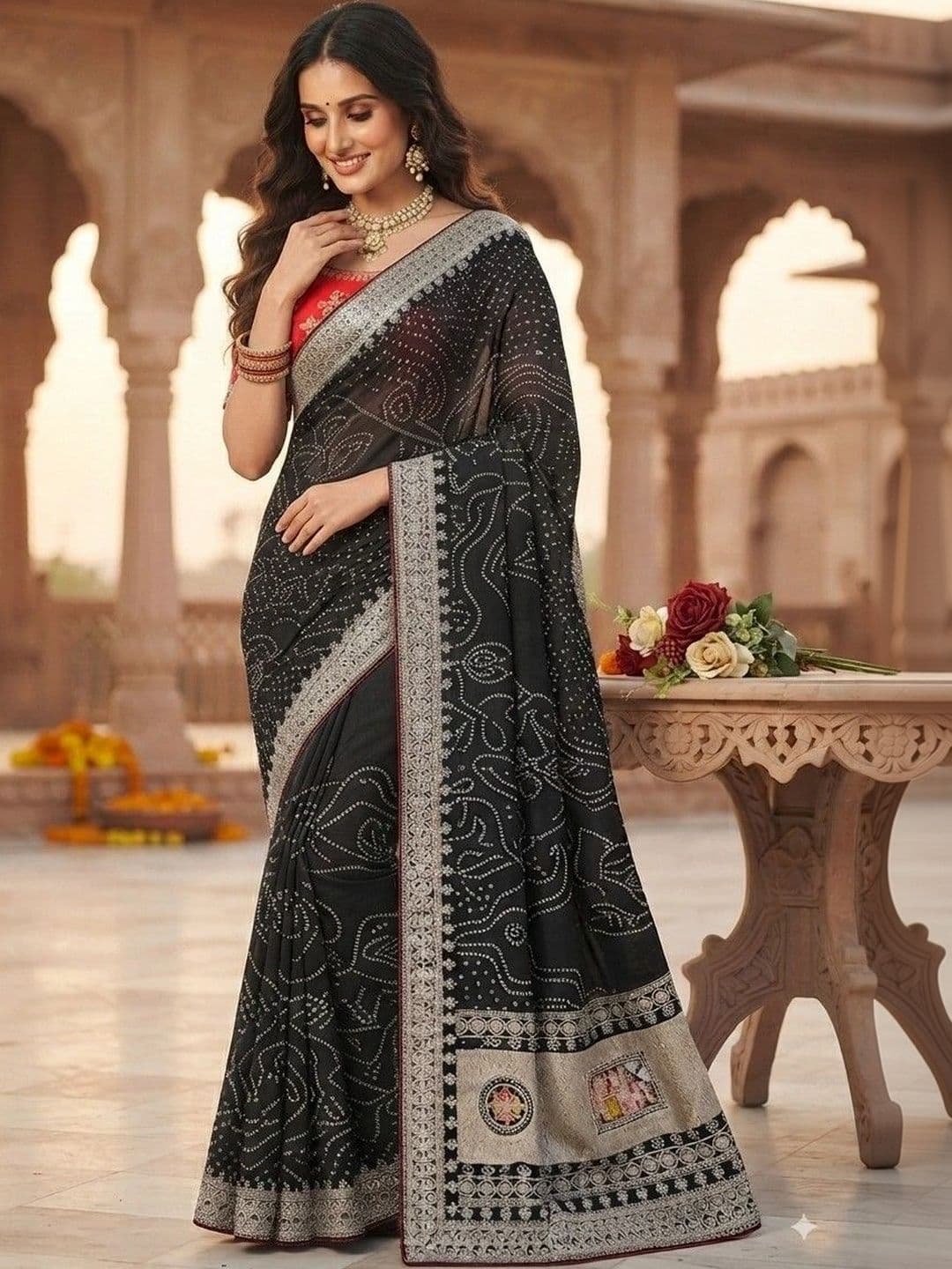 SmileyFashion Bandhani Embroidered Art Silk Designer Saree thumbnail 4