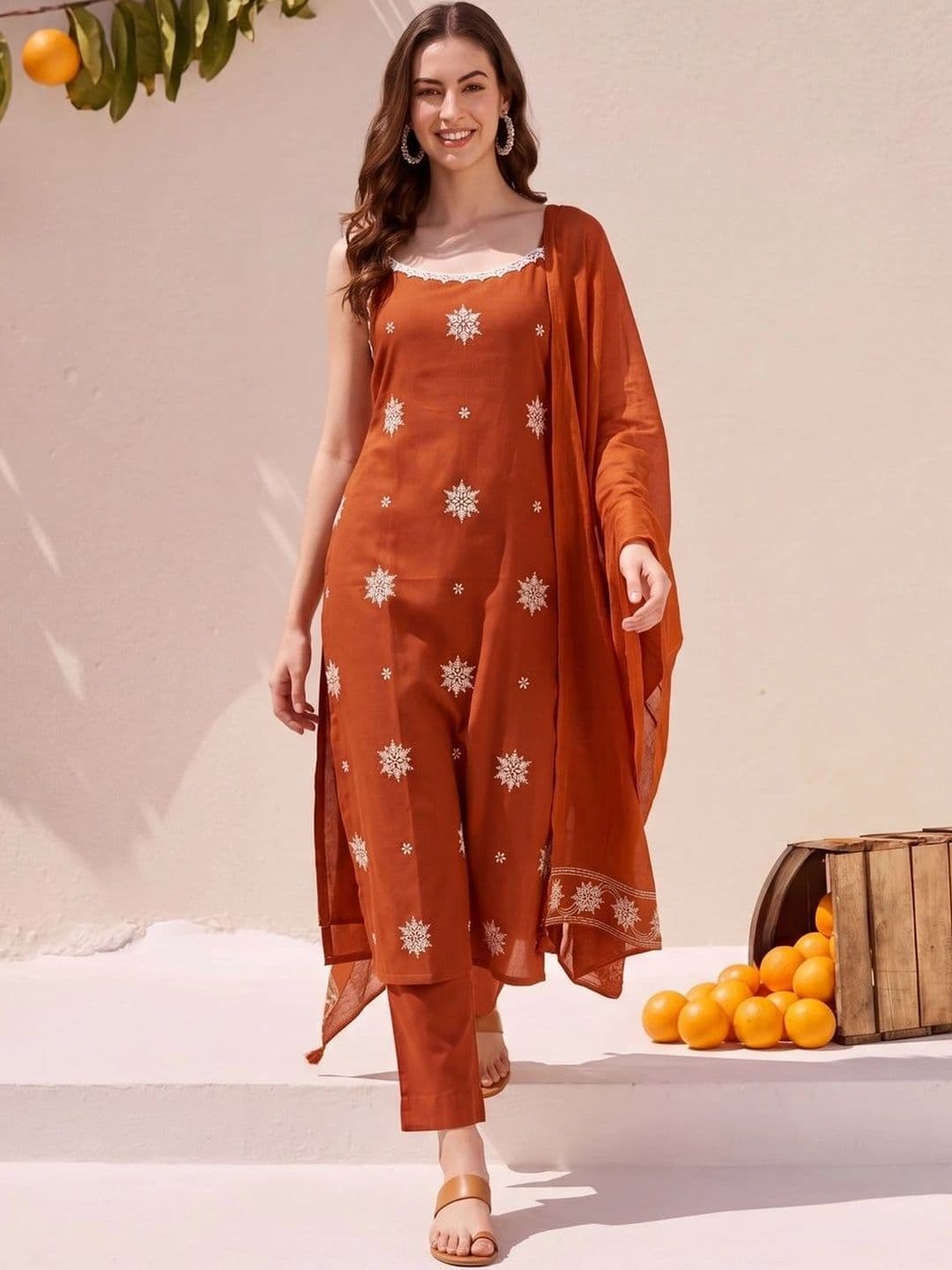 SHREE KHODAL FASHION Women Ethnic Motifs Embroidered Regular Thread Work Pure Cotton Kurta with Trousers & thumbnail 2