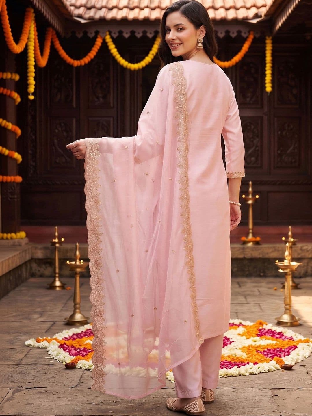 Indo Era Women Ethnic Motifs Embroidered Regular Thread Work Kurta with Trousers & With Dupatta thumbnail 6