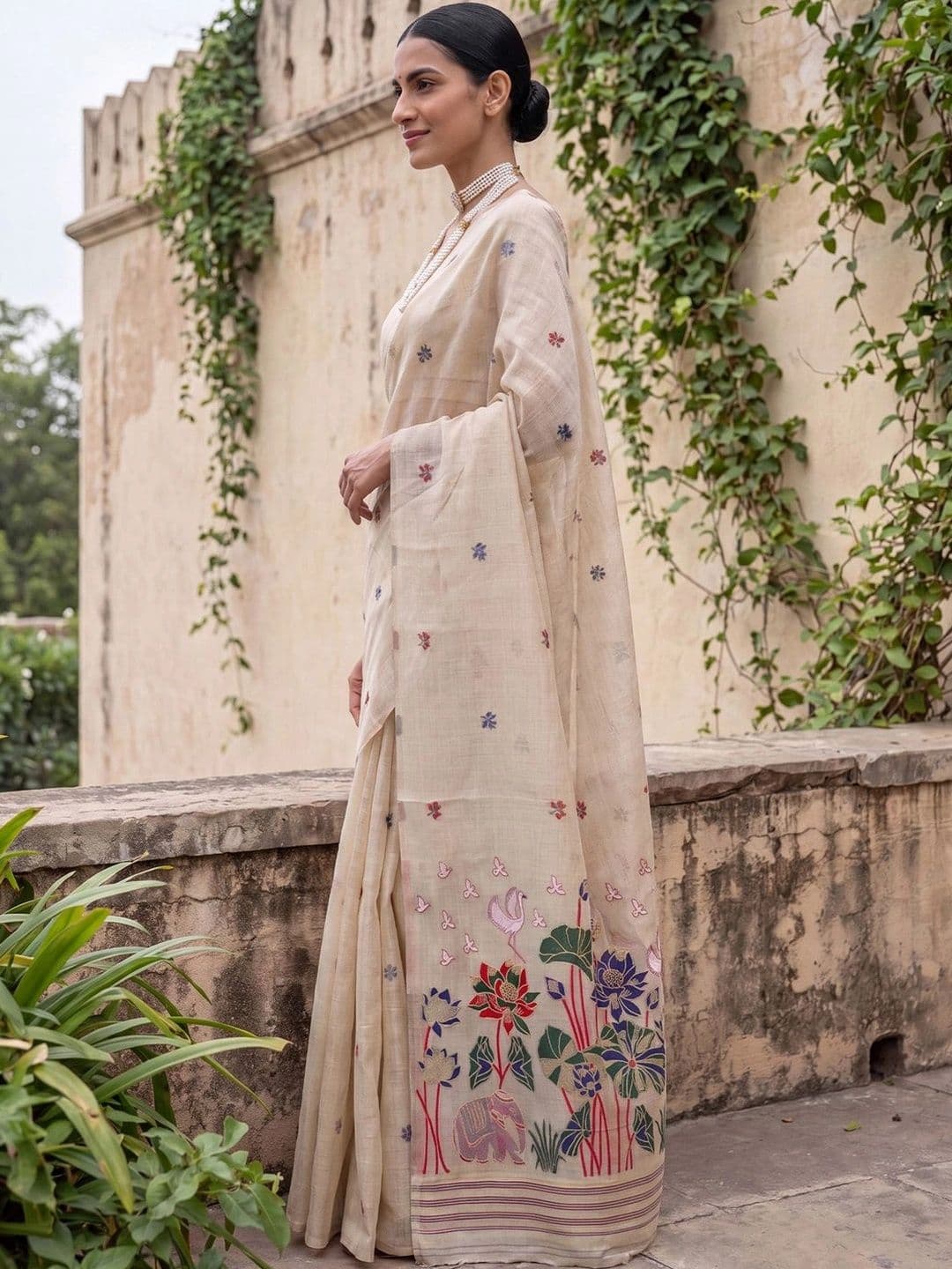 Mitera Kalamkari Embroidered Designer Jamdani Saree thumbnail 3
