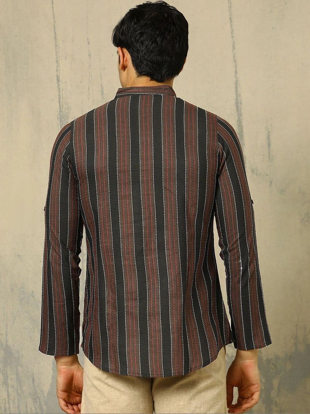 Anouk Woven Design Striped Cotton Handloom Mandarin Collar Short Kurta thumbnail 6