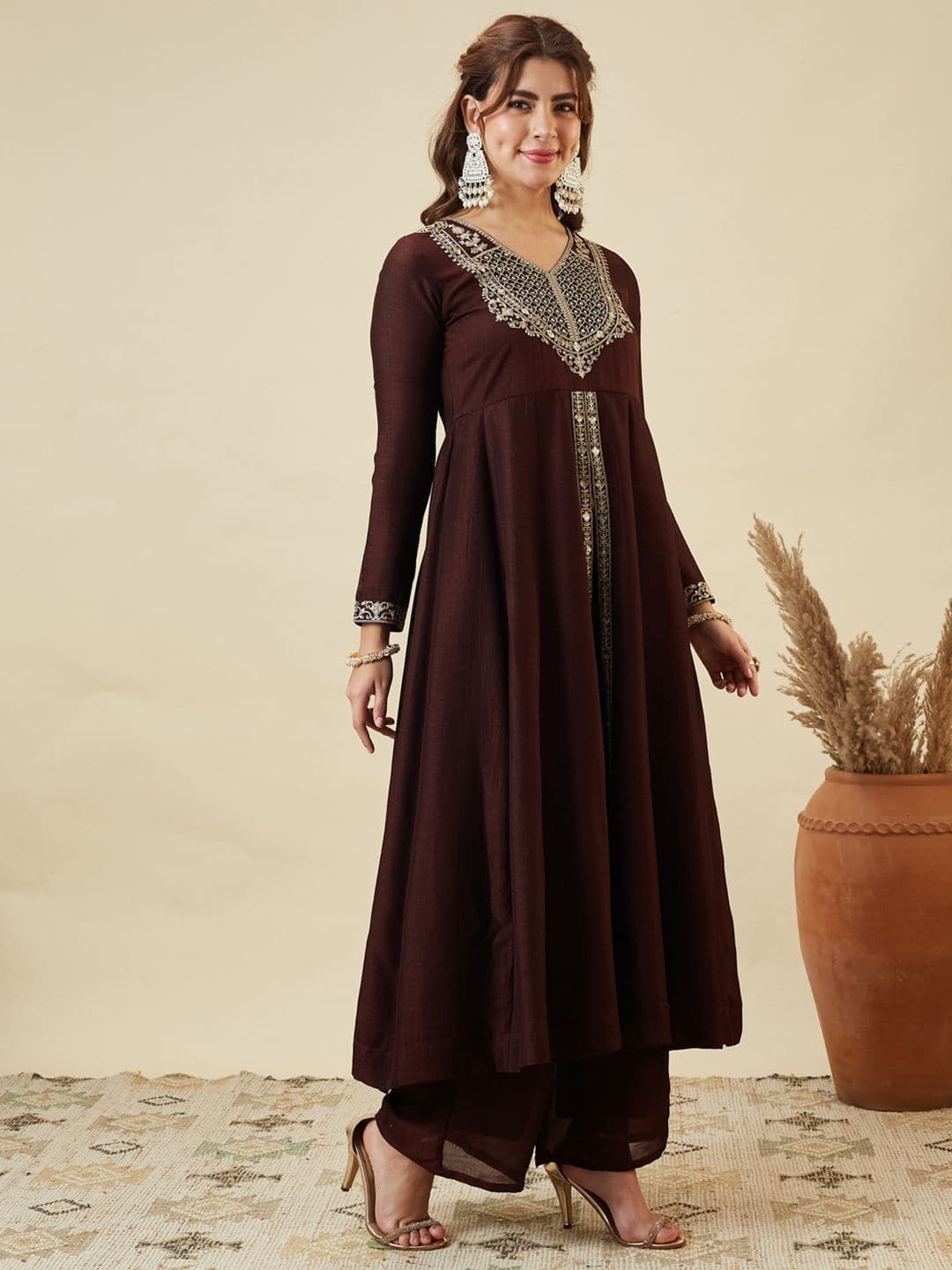 Colors  of Earth Colors of Earth Silk Embroidered Anarkali Kurta And Palazzo Set With Dupatta thumbnail 2