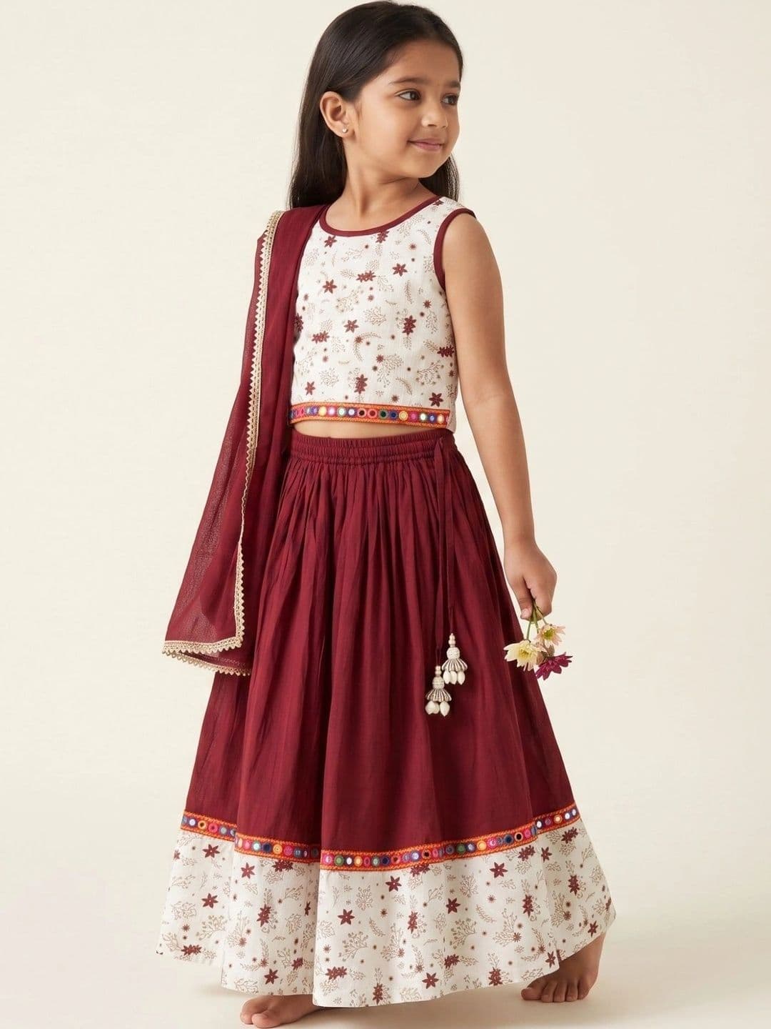 Desi Soota Girls Printed Mirror Work Ready to Wear Lehenga & Blouse With Dupatta thumbnail 3