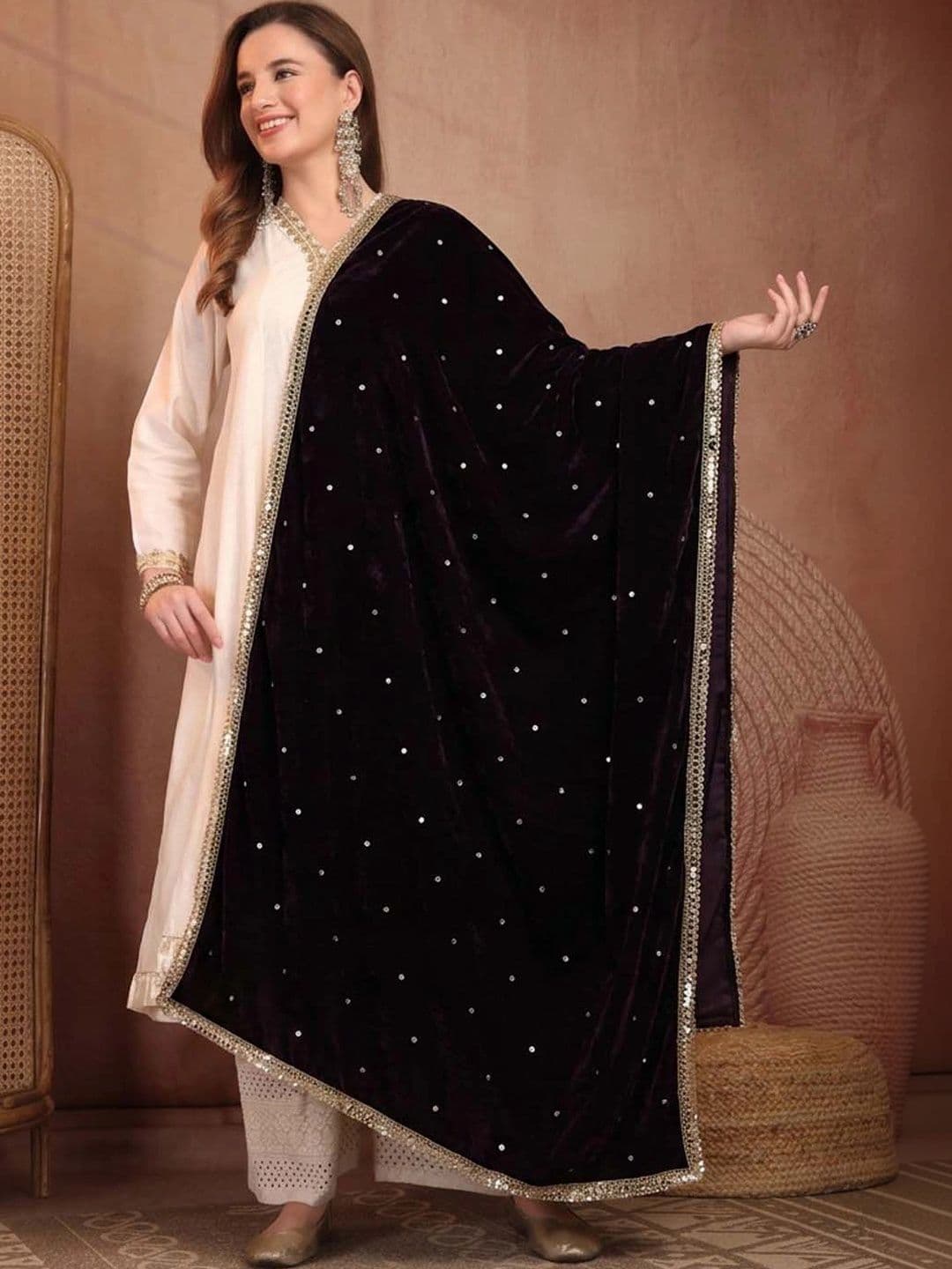 Clora Creation Velvet Dupatta with Sequinned thumbnail 6