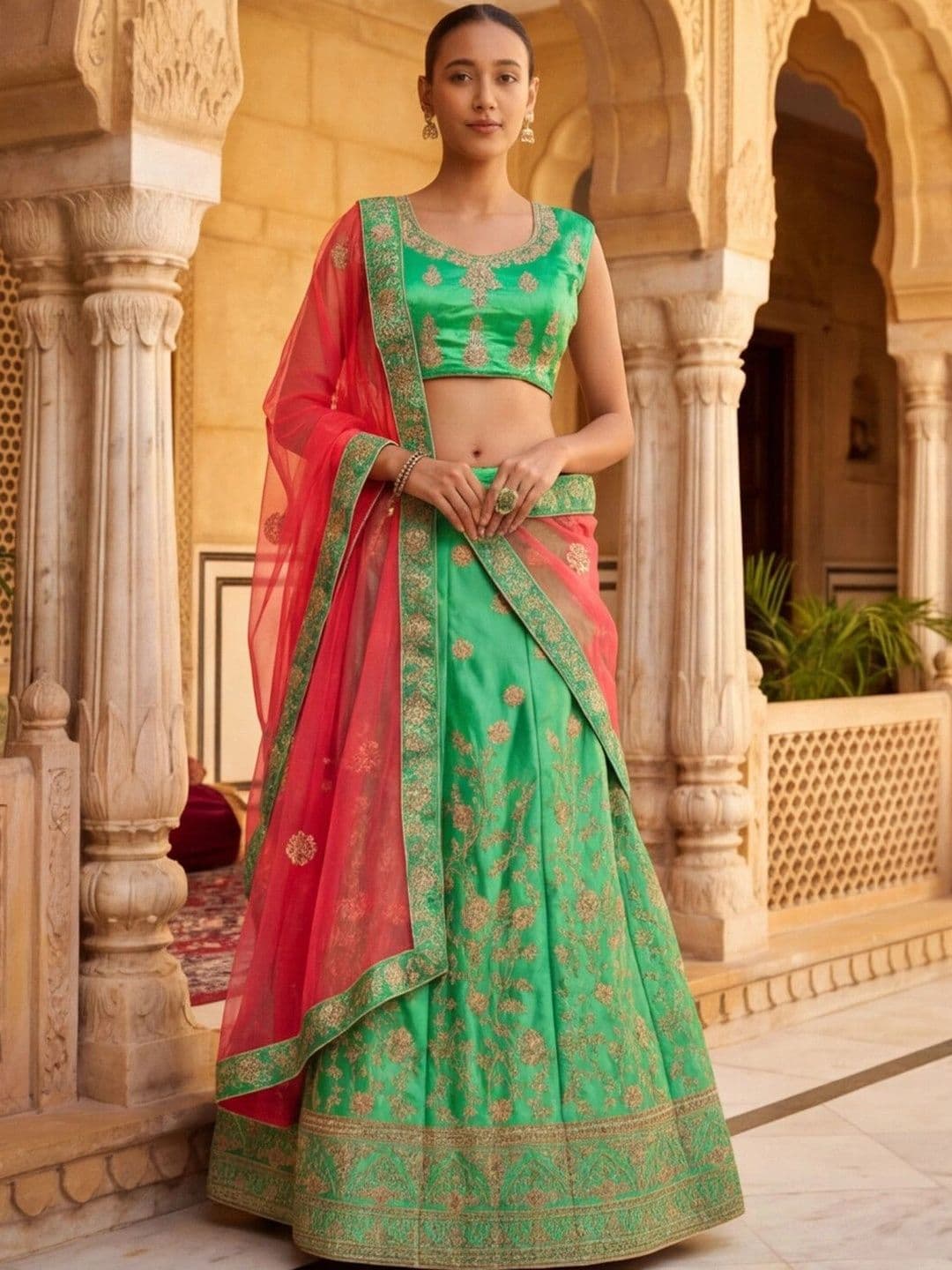 Mitera Embroidered Semi-Stitched Lehenga & Unstitched Blouse With Dupatta thumbnail 5