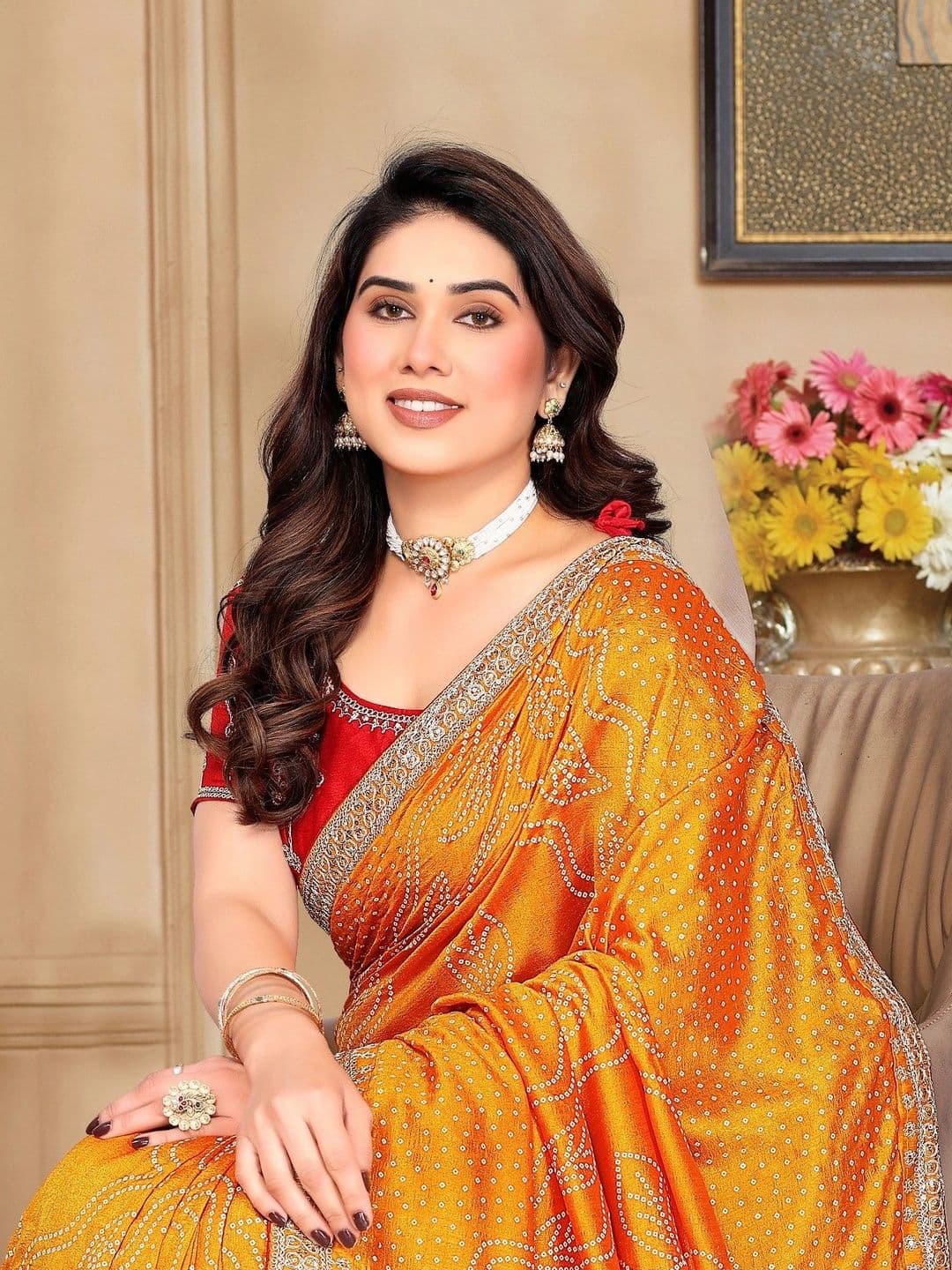 SmileyFashion Bandhani Embroidered Art Silk Designer Saree thumbnail 4