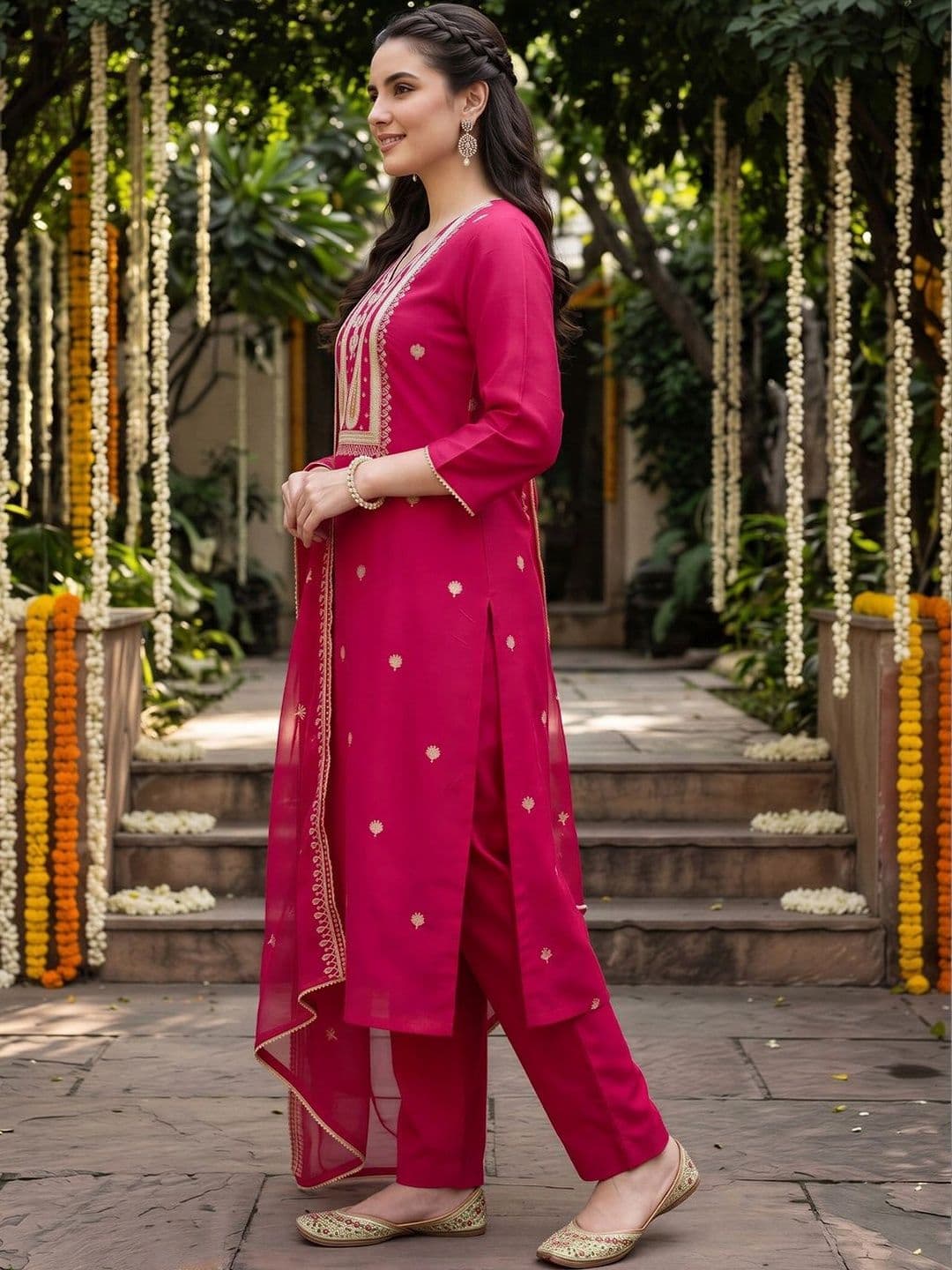 Indo Era Women Ethnic Motifs Embroidered Regular Thread Work Liva Kurta with Trousers & With Dupatta thumbnail 5