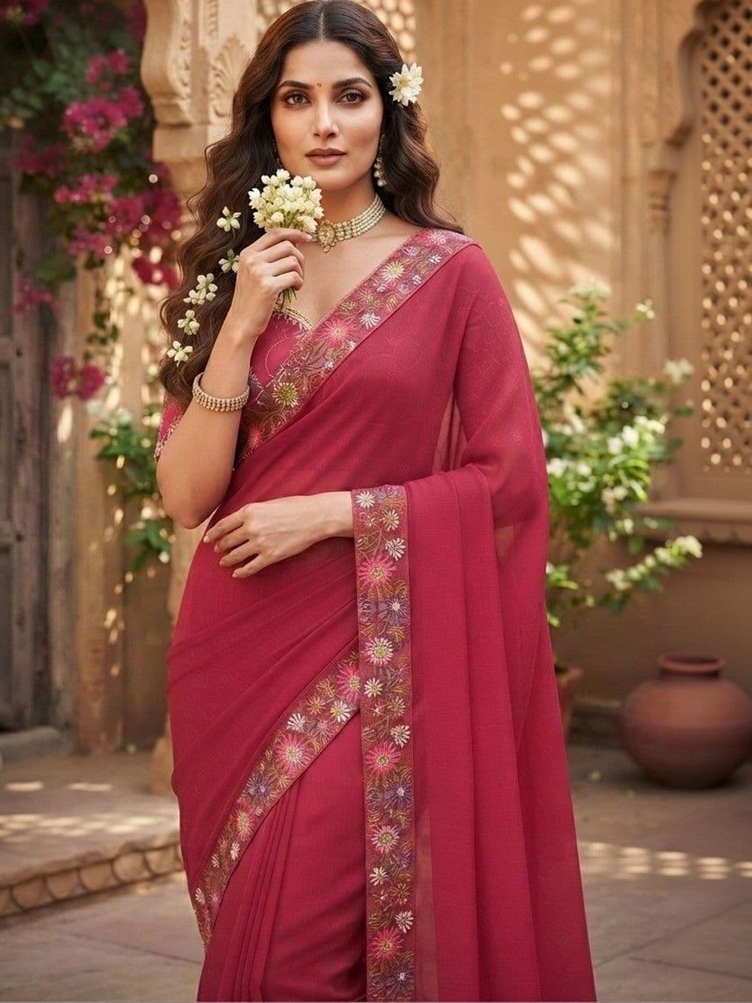 SmileyFashion Floral Embroidered Art Silk Saree thumbnail 5