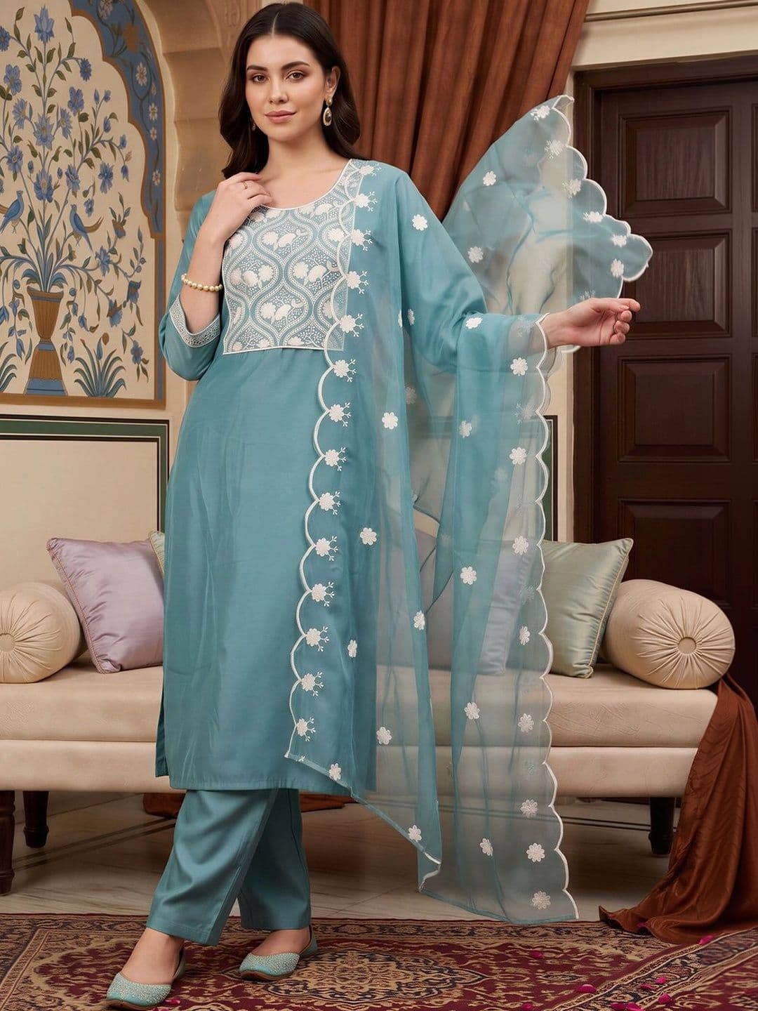 Indo Era Women Ethnic Motifs Embroidered Regular Thread Work Kurta with Trousers & With Dupatta - view 1