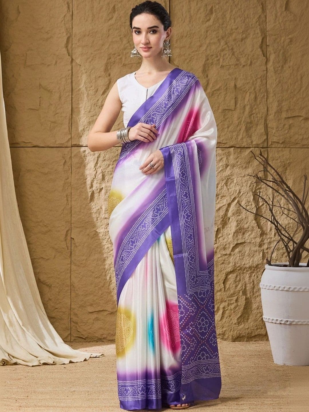 Suha Tie and Dye Satin Bandhani Saree - view 1