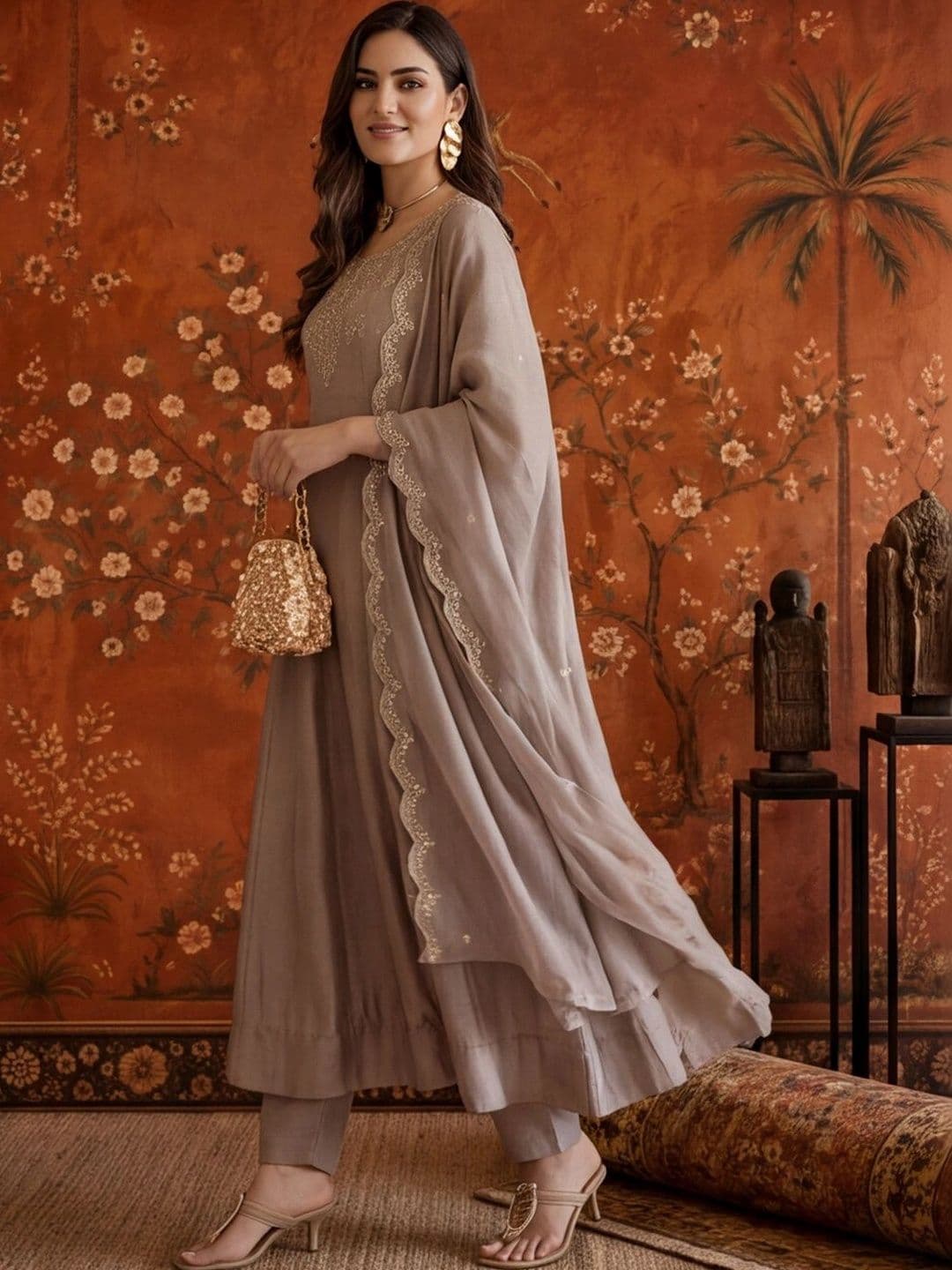Sangria Women Ethnic Motifs Embroidered Regular Thread Work Kurta with Trousers & With Dupatta thumbnail 2