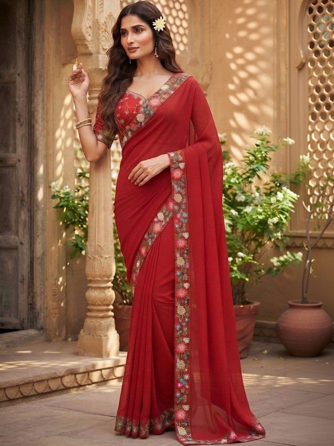 SmileyFashion Floral Embroidered Art Silk Saree thumbnail 4